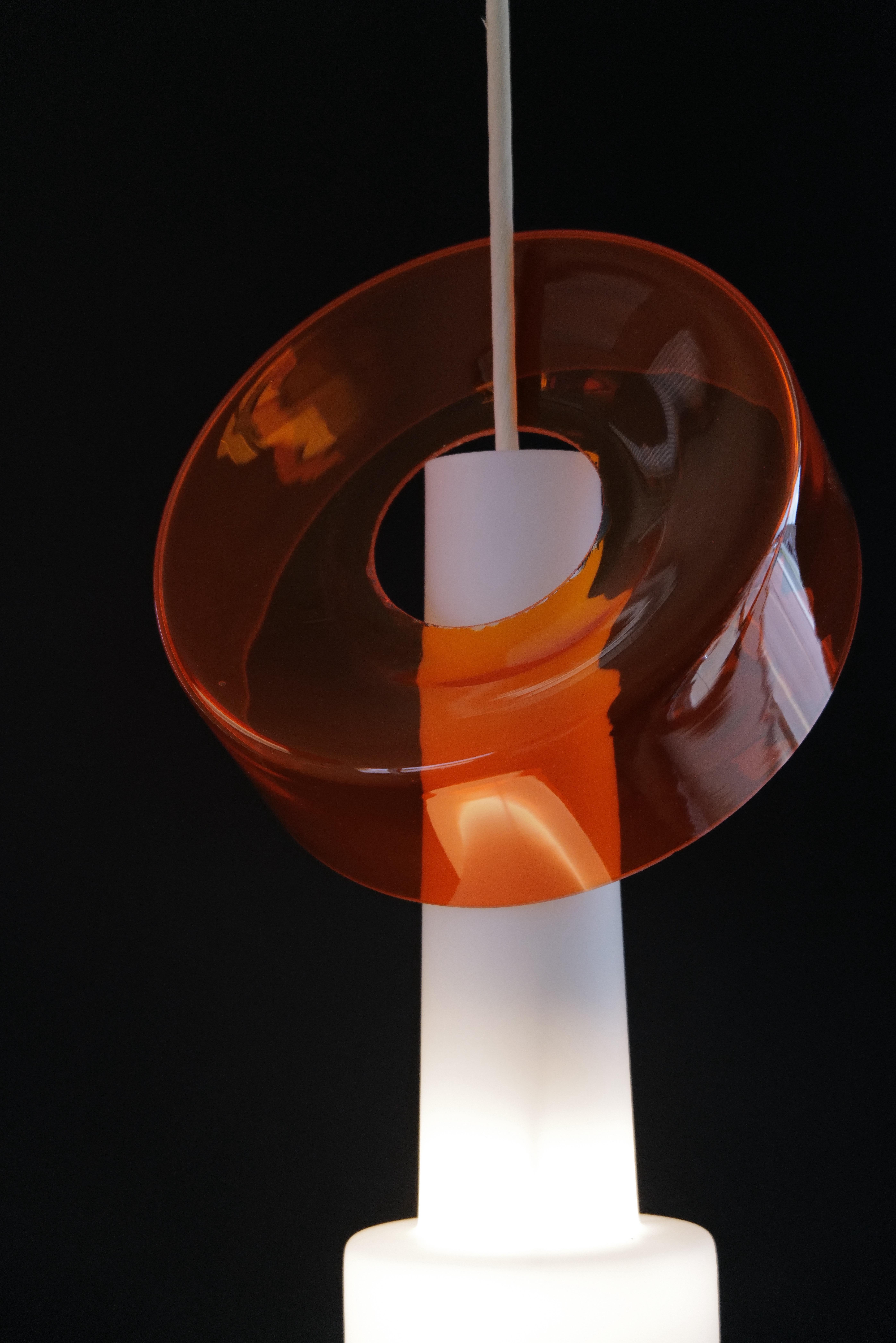 Pair of Mid-Century Opaline and Orange Glass Pendant Lights For Sale 3