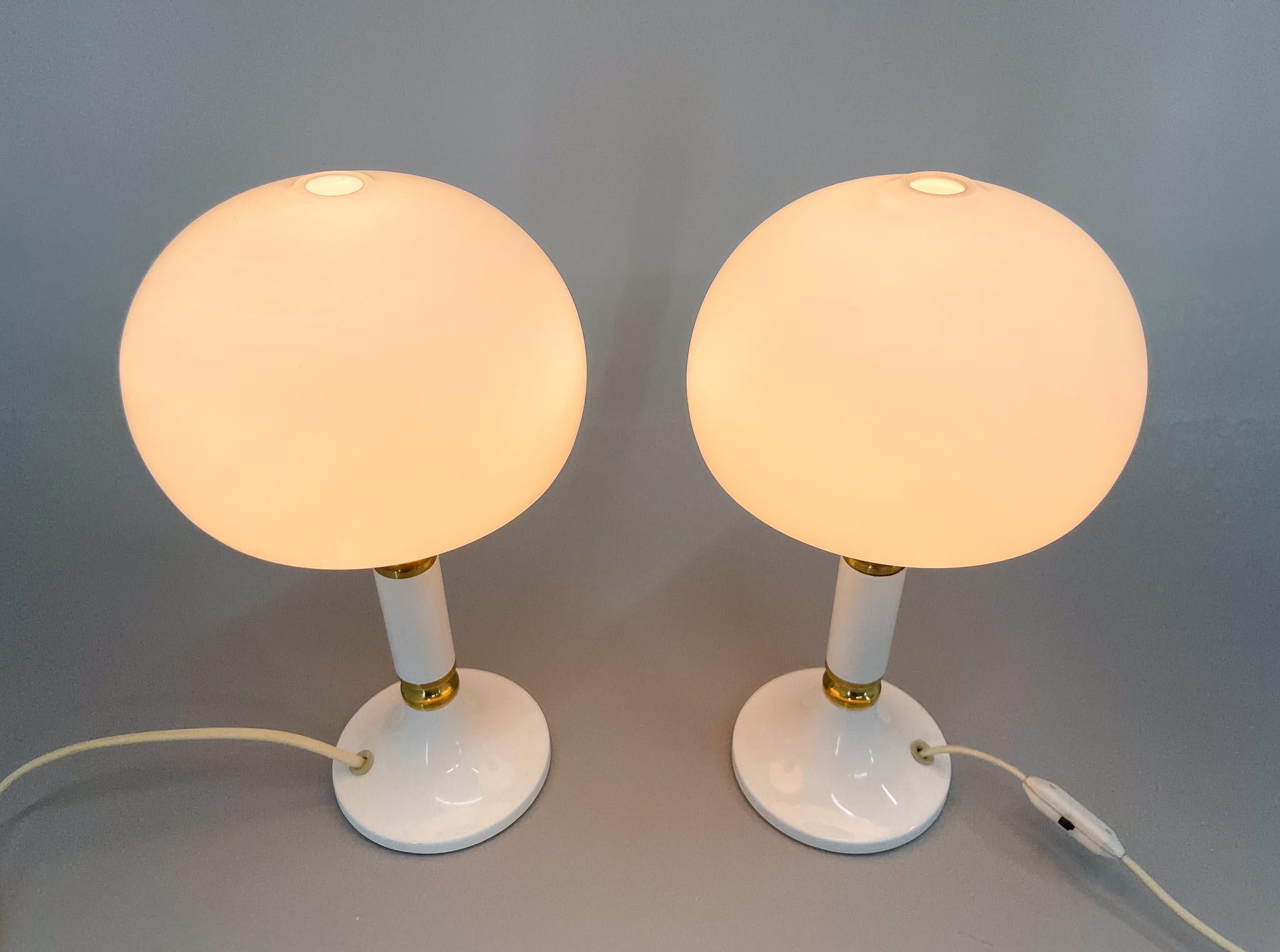 Pair of Mid-century Opaline Glass & Brass Table Lamps by Drukov, Czechoslovakia For Sale 6