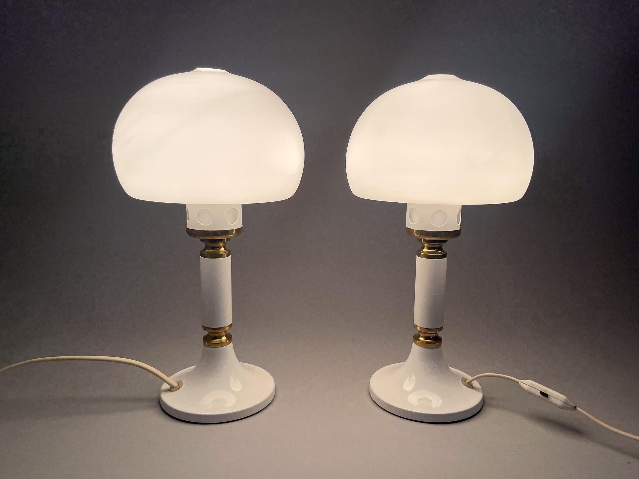 Mid-Century Modern Pair of Mid-century Opaline Glass & Brass Table Lamps by Drukov, Czechoslovakia For Sale