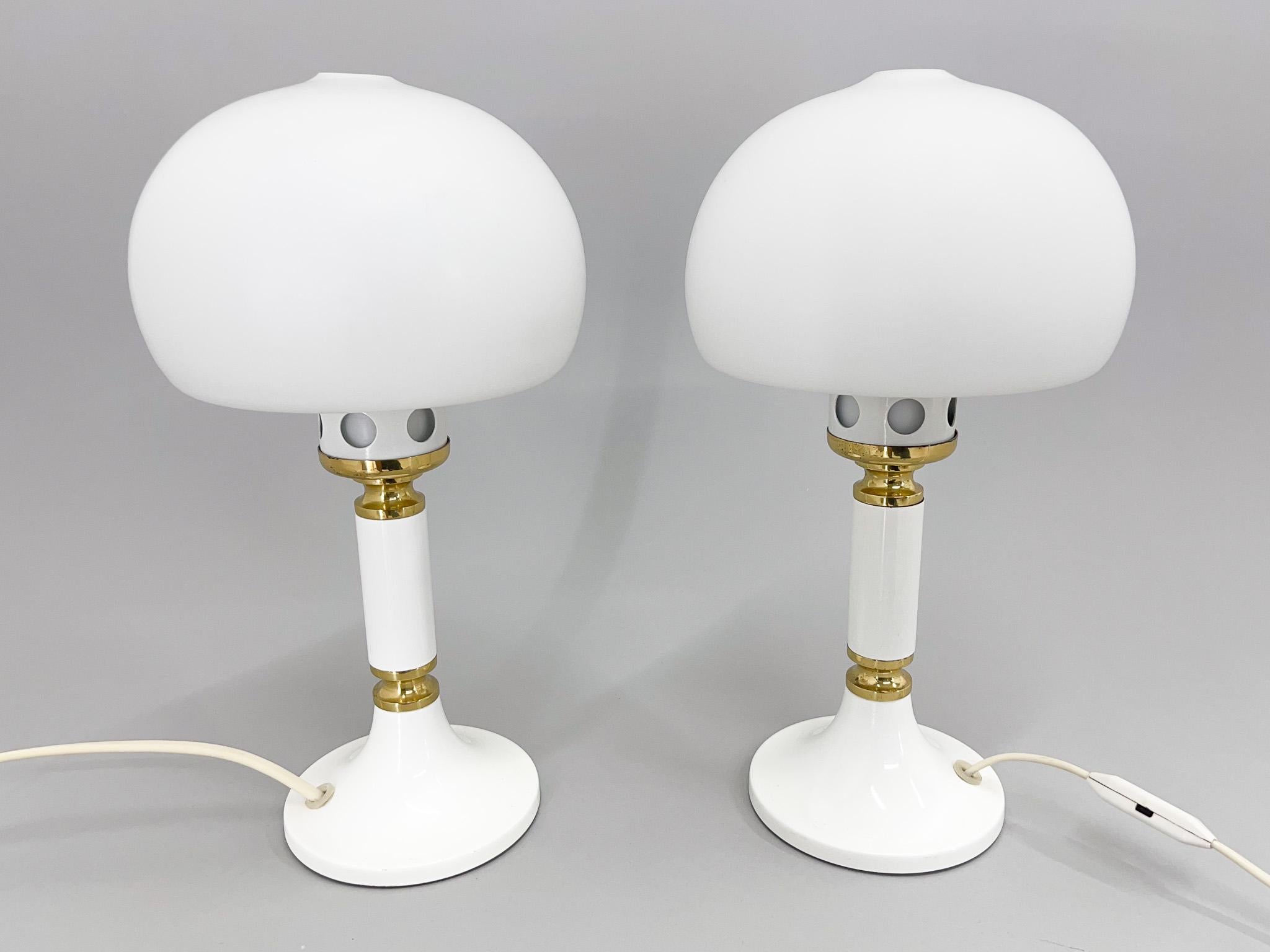Metal Pair of Mid-century Opaline Glass & Brass Table Lamps by Drukov, Czechoslovakia For Sale