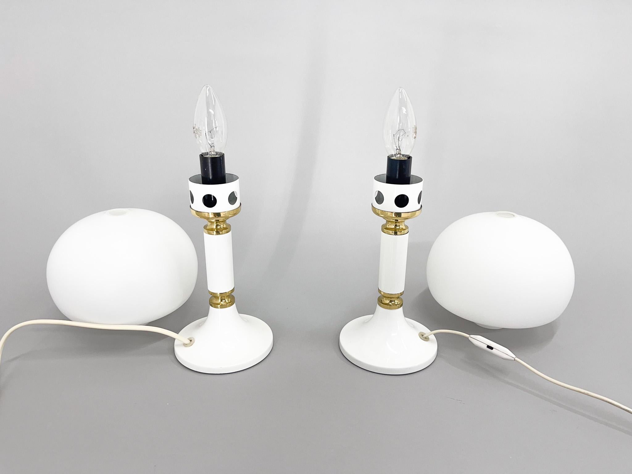 Pair of Mid-century Opaline Glass & Brass Table Lamps by Drukov, Czechoslovakia For Sale 1