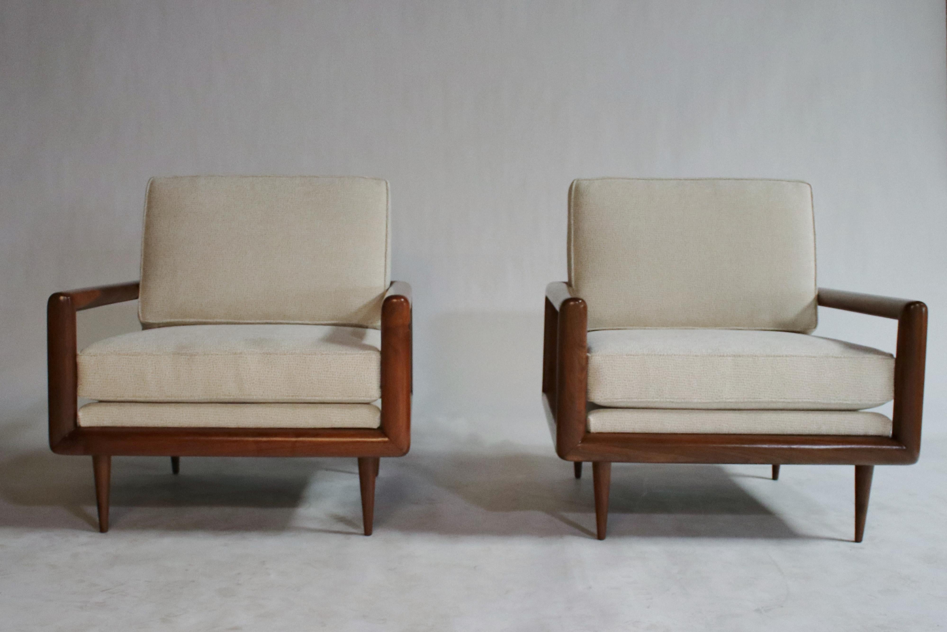 Mid-Century Modern Pair of Midcentury Open Arm Cubed Walnut Lounge Chairs