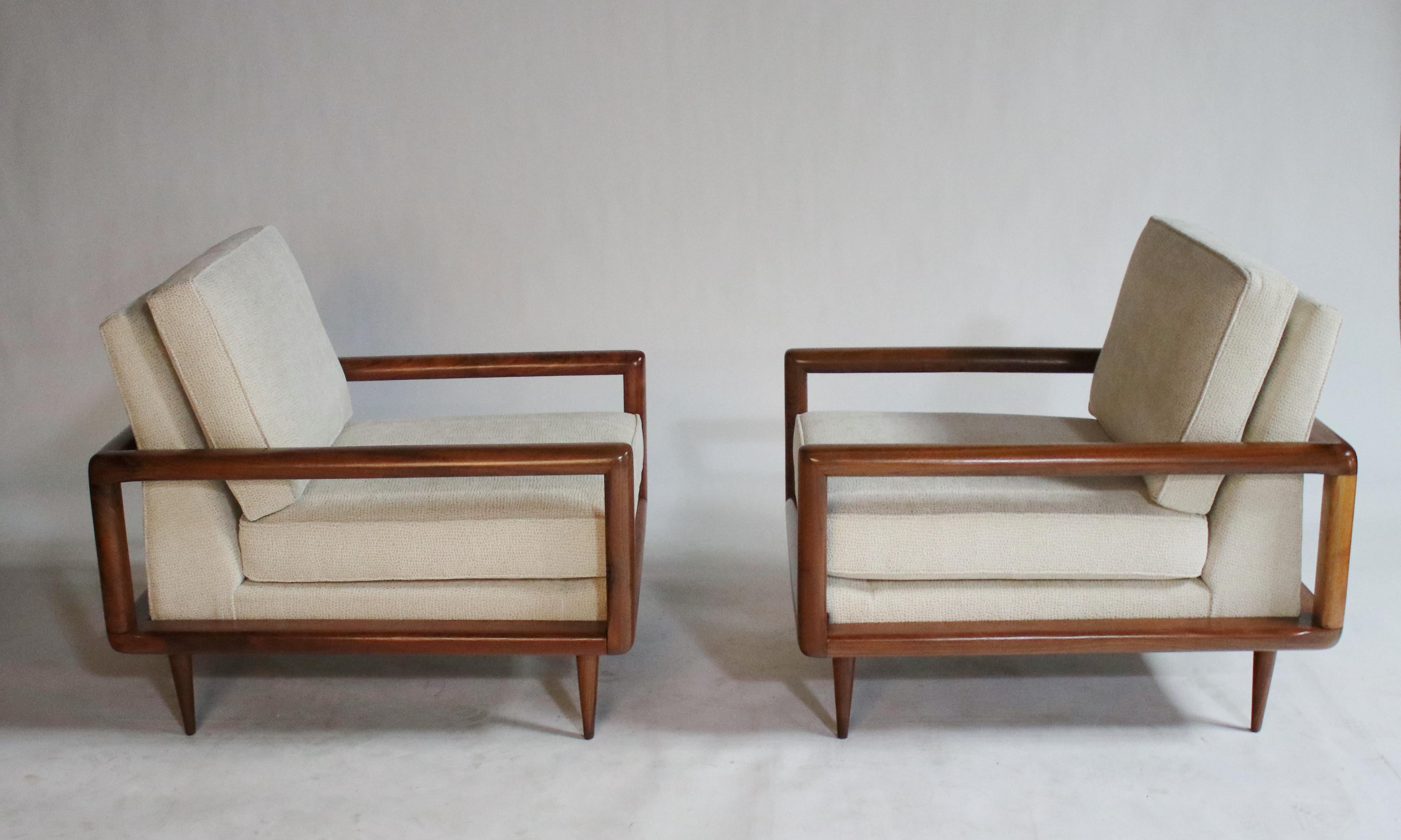 Mid-20th Century Pair of Midcentury Open Arm Cubed Walnut Lounge Chairs