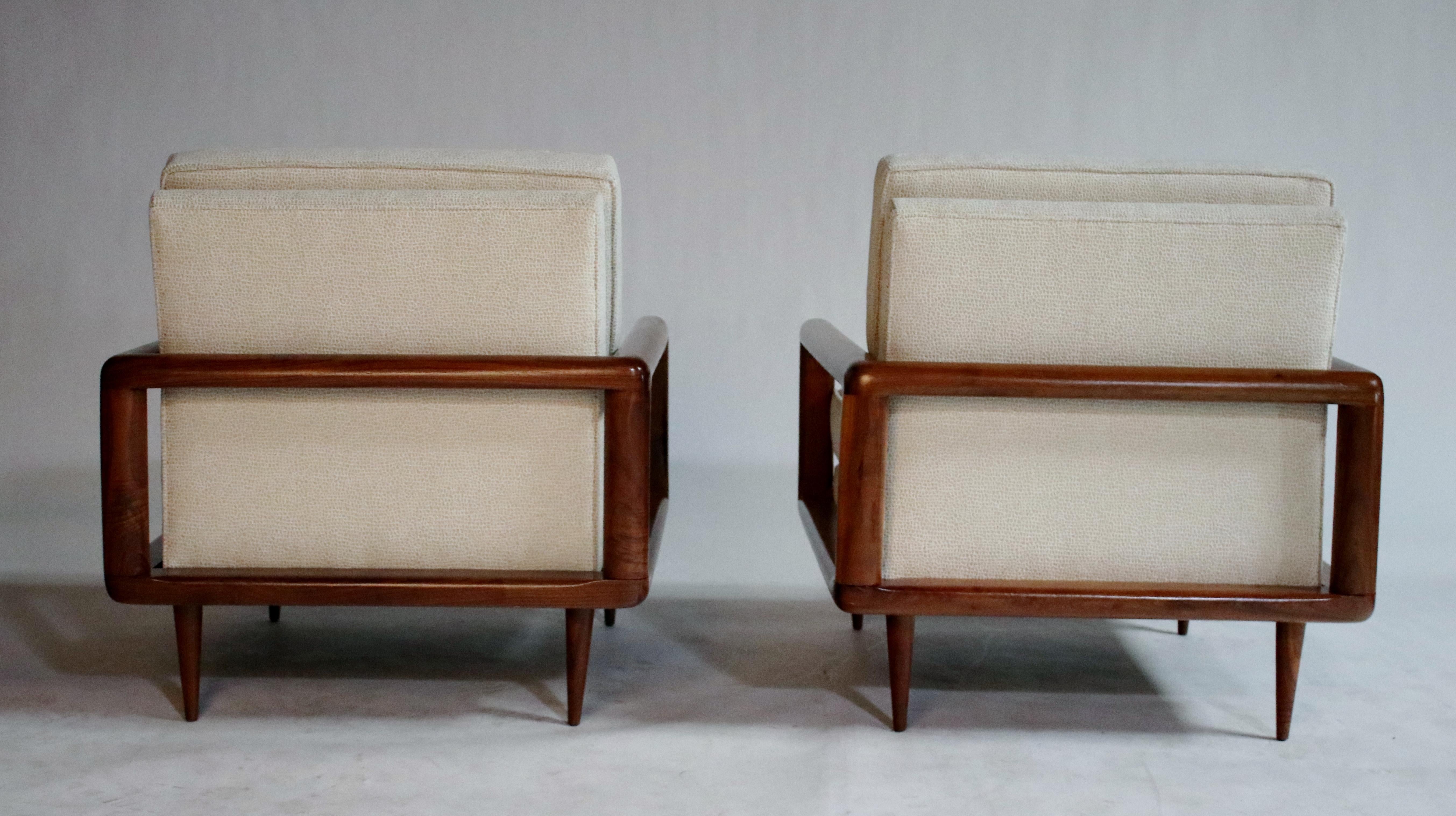 Fabric Pair of Midcentury Open Arm Cubed Walnut Lounge Chairs