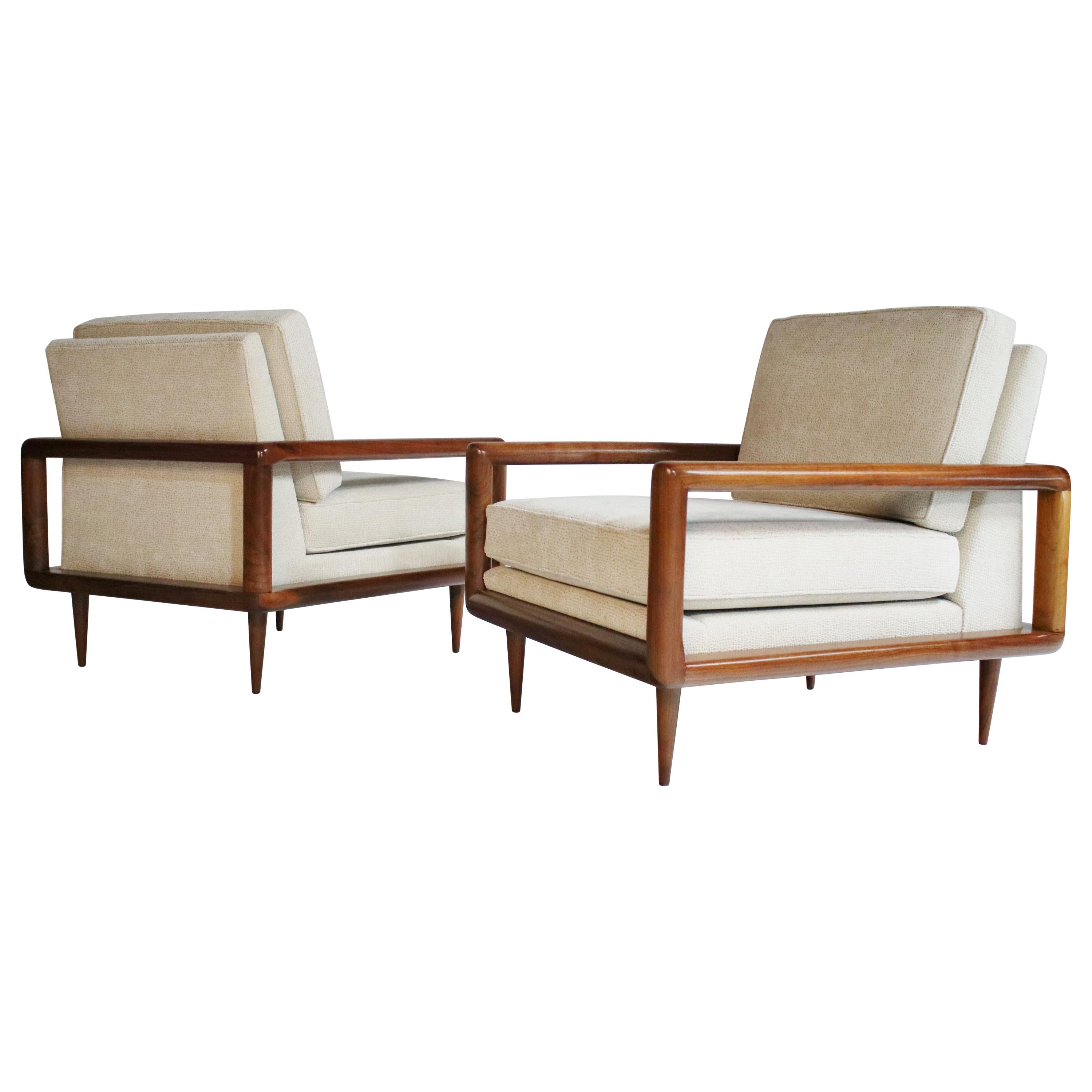 Pair of Midcentury Open Arm Cubed Walnut Lounge Chairs