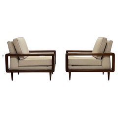 Pair of Mid-Century Open Arm Cubed Walnut Lounge Chairs