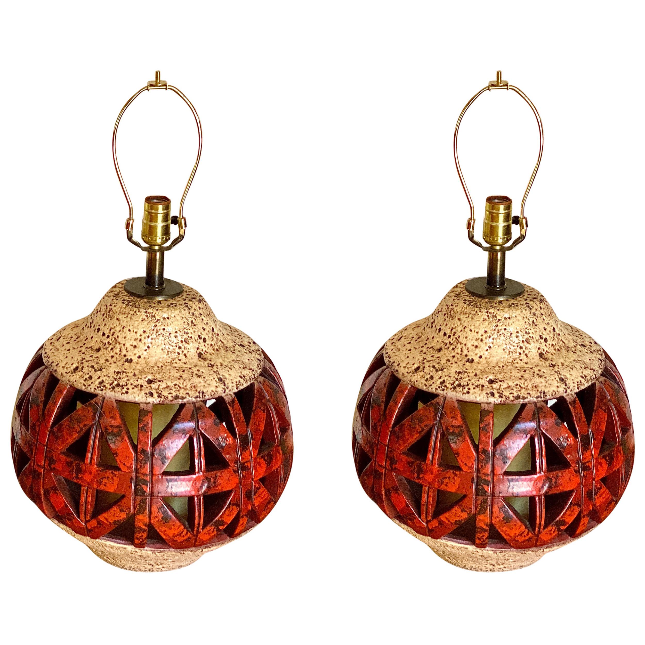 Pair of Mid Century Orange Ceramic Lamps For Sale