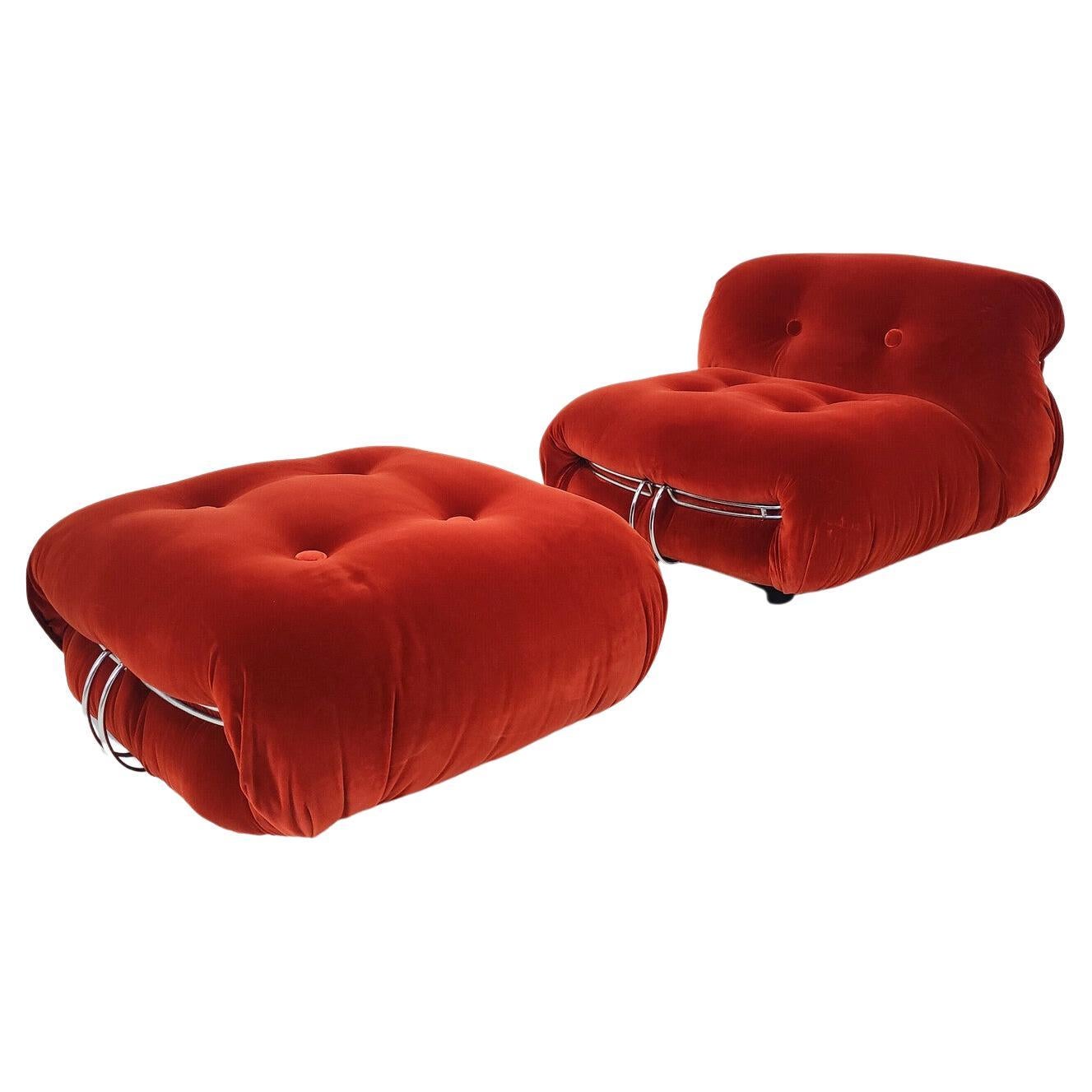 Pair of Midcentury Orange "Soriana" Lounge Chair and Ottoman