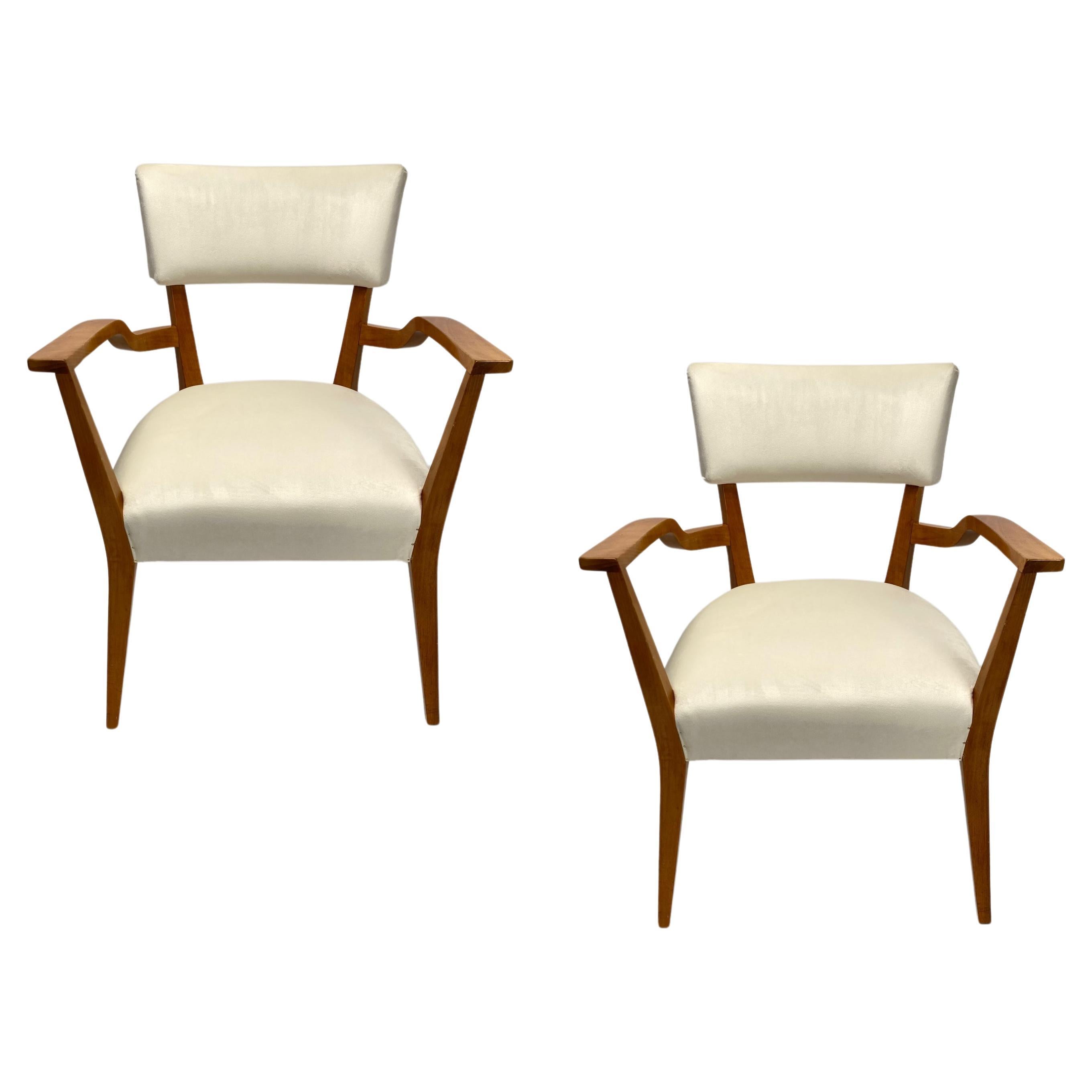 Paire de fauteuils organiques du milieu du siècle, style Gio Ponti, velours et bois, années 1950