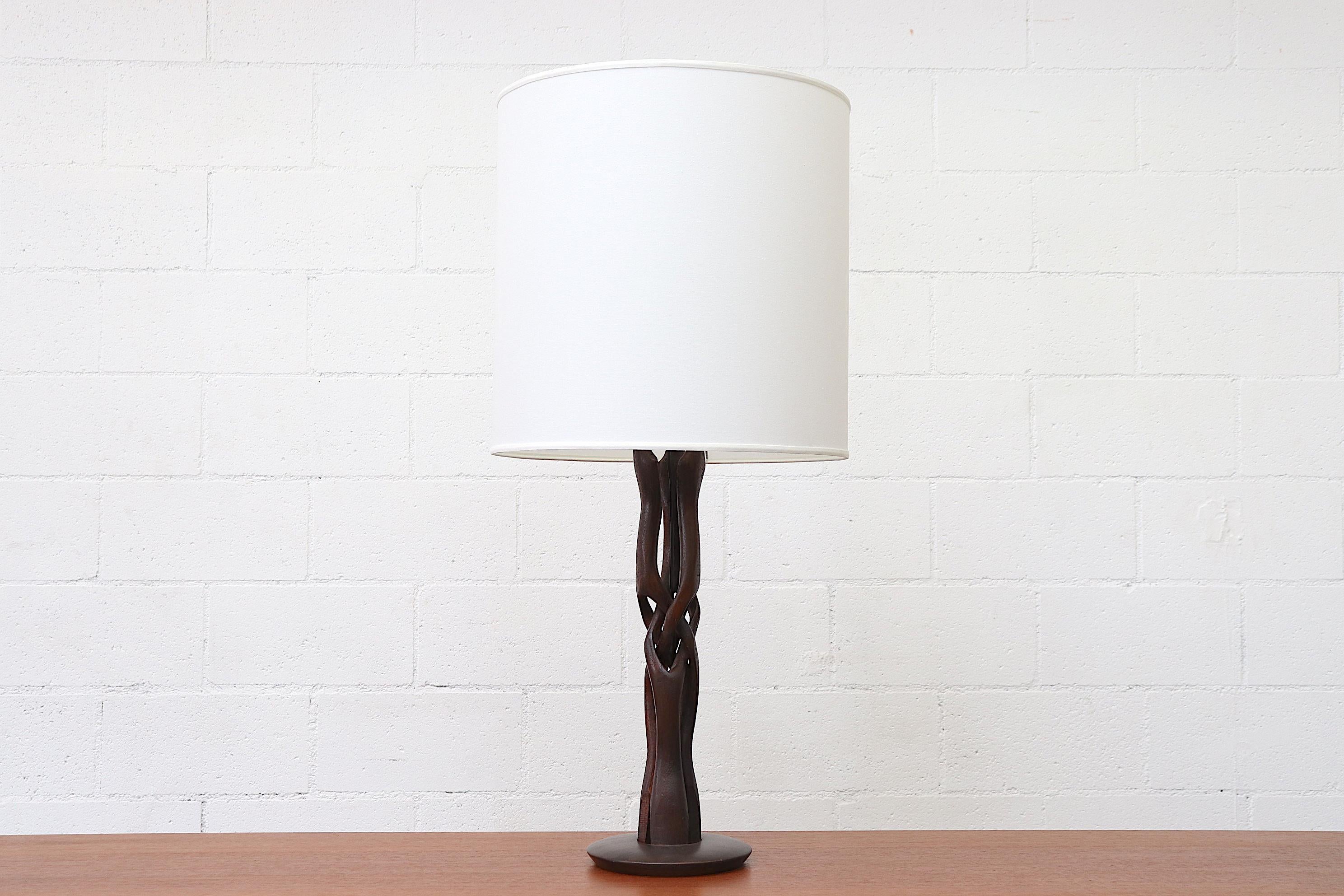 Mid-Century Modern Pair of Midcentury Organic Carved Teak Table Lamp with New Shades