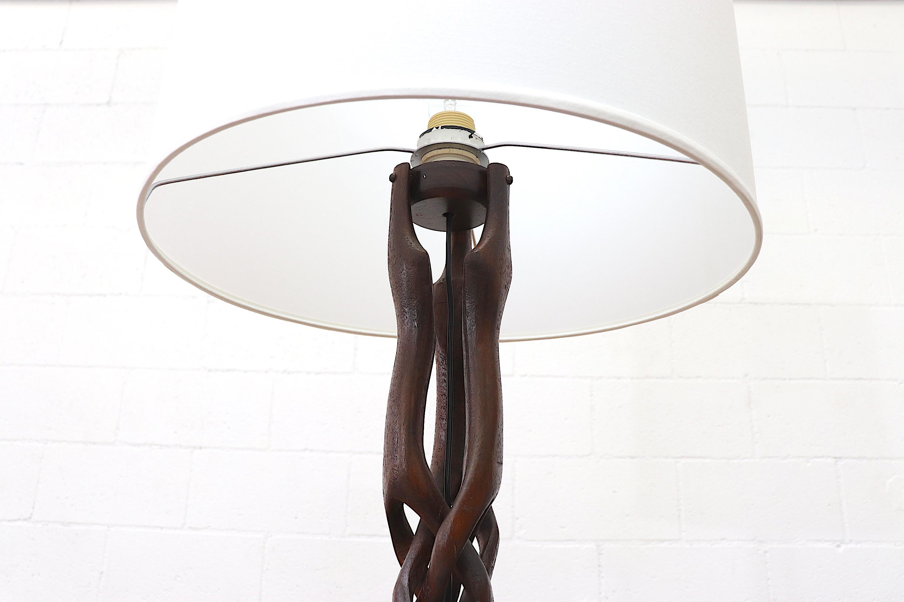 Pair of Midcentury Organic Carved Teak Table Lamp with New Shades In Good Condition In Los Angeles, CA