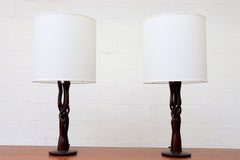 Pair of Midcentury Organic Carved Teak Table Lamp with New Shades