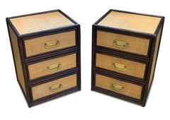 Pair of Mid-Century Organic Rattan Three Drawer Glazed Nightstands