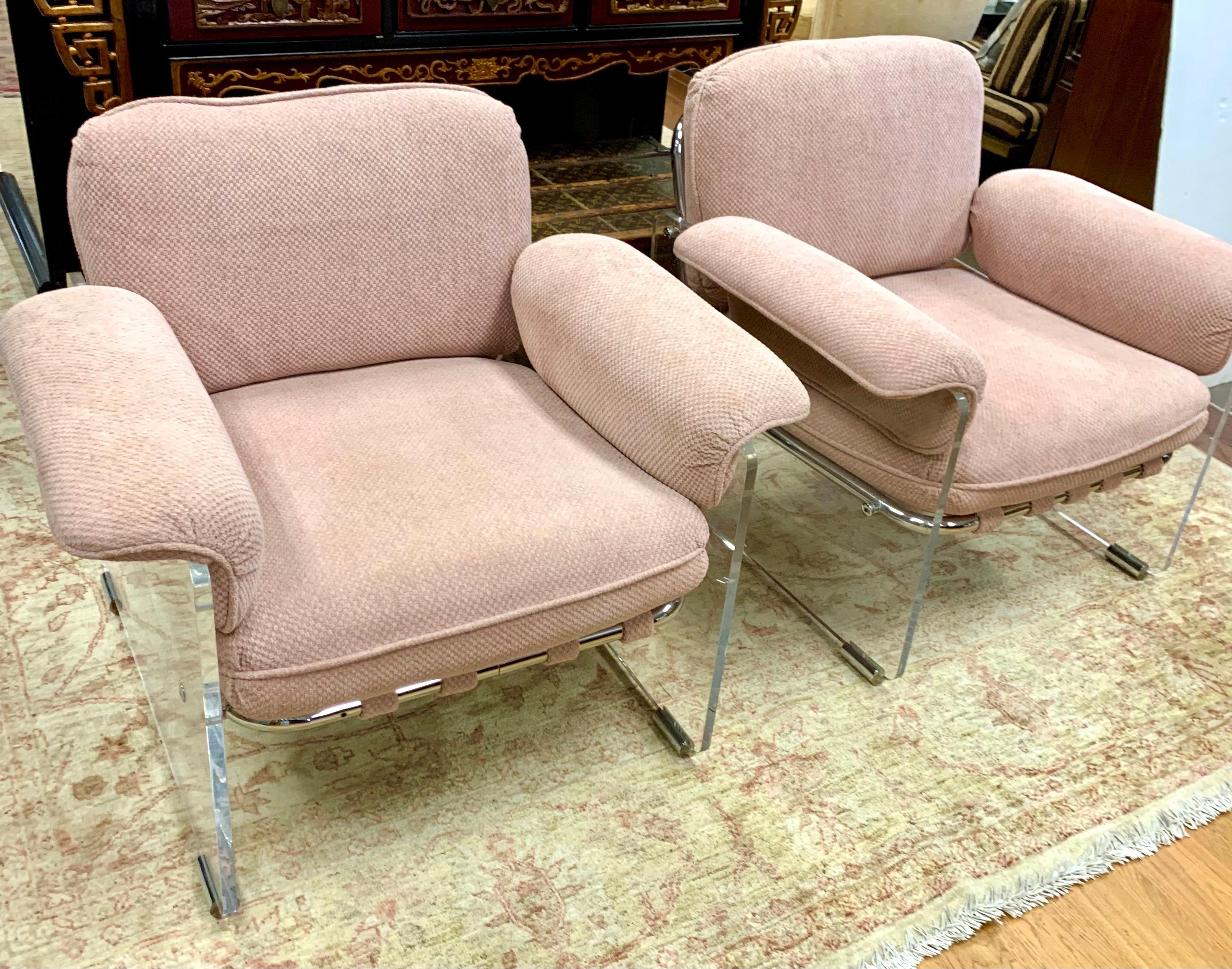 Pair of Mid Century Pace Argenta Pink Lucite and Chrome Lounge Chairs 3