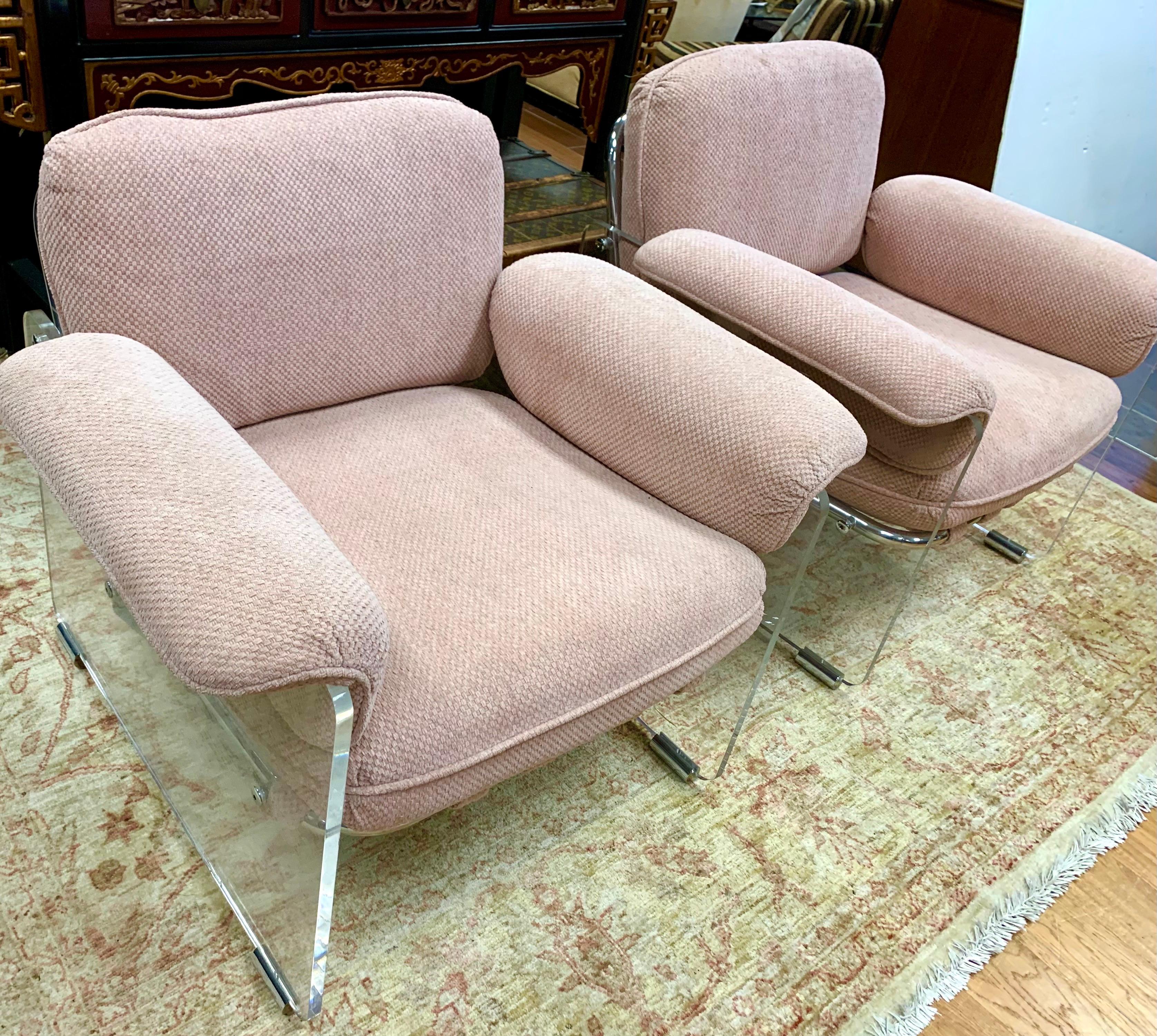 Textile Pair of Mid Century Pace Argenta Pink Lucite and Chrome Lounge Chairs