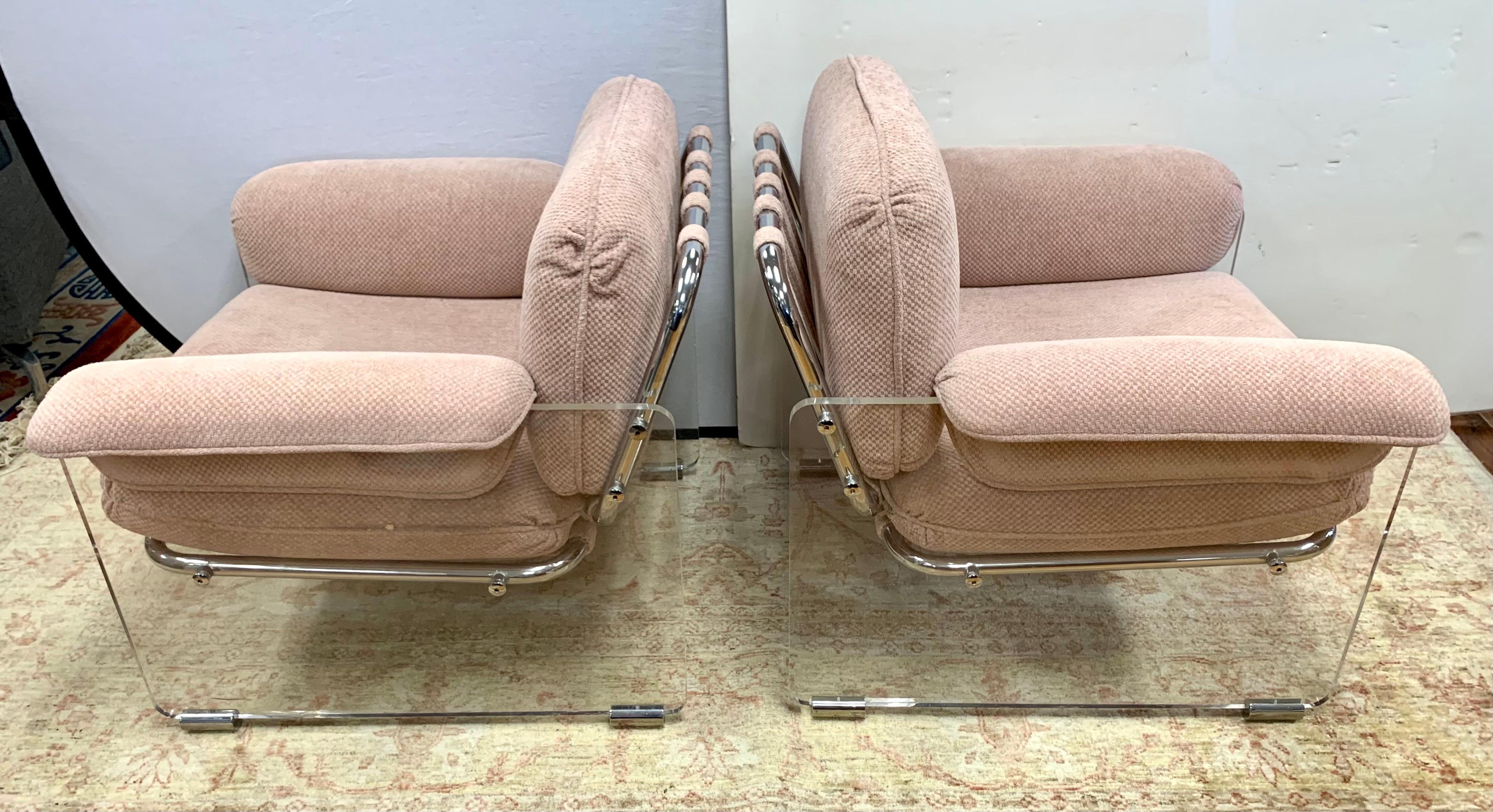 Pair of Mid Century Pace Argenta Pink Lucite and Chrome Lounge Chairs 1