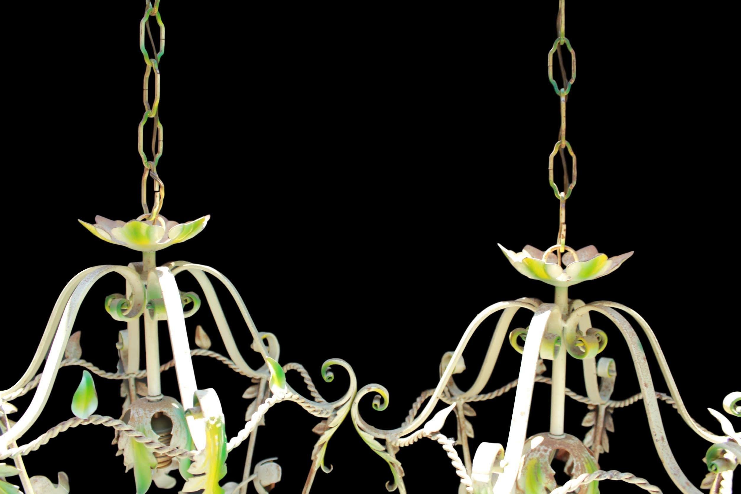 Wrought Iron Pair of Midcentury Painted Iron Florals Hanging Lantern Light Fixtures, Italian