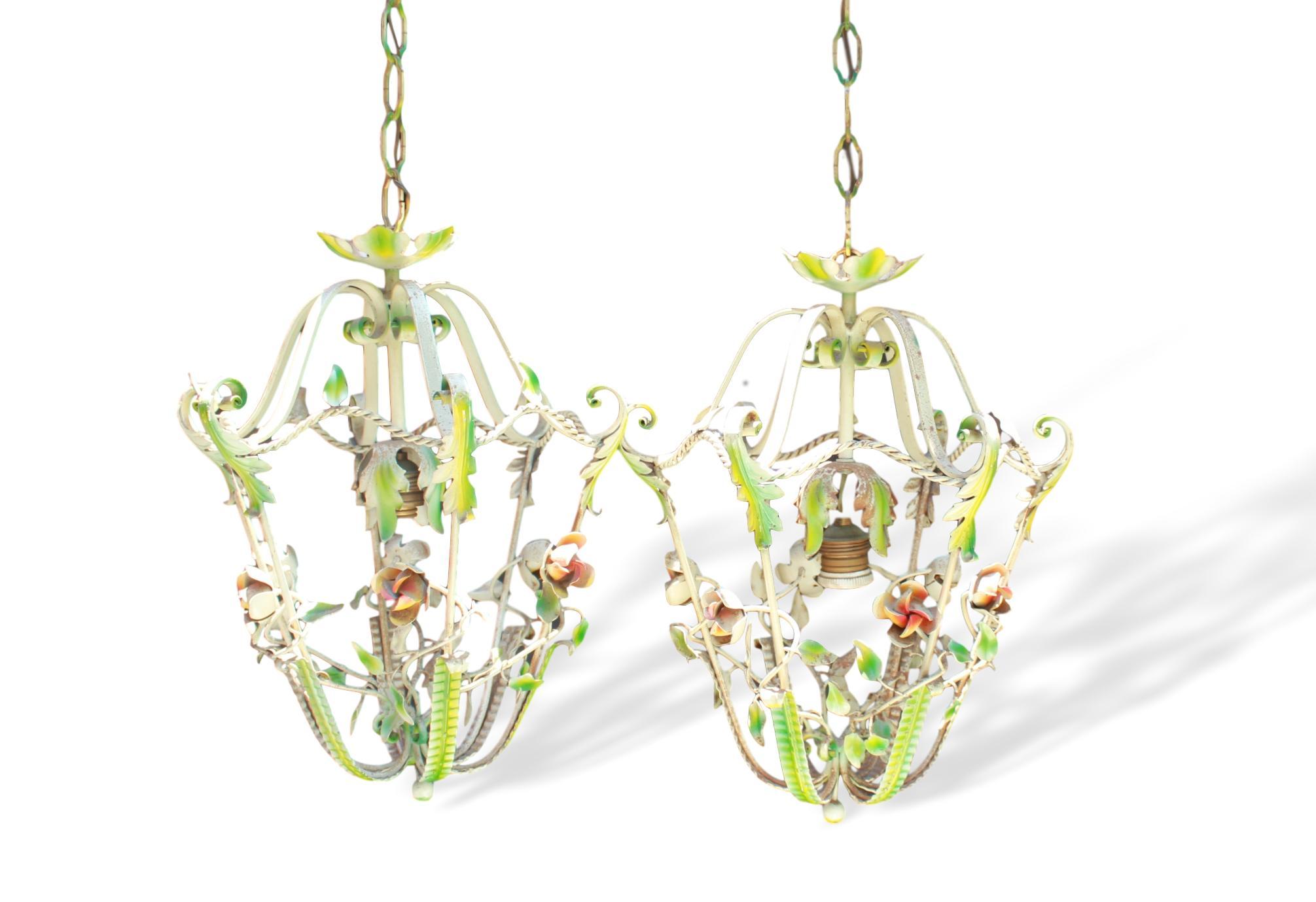 Pair of Midcentury Painted Iron Florals Hanging Lantern Light Fixtures, Italian 1