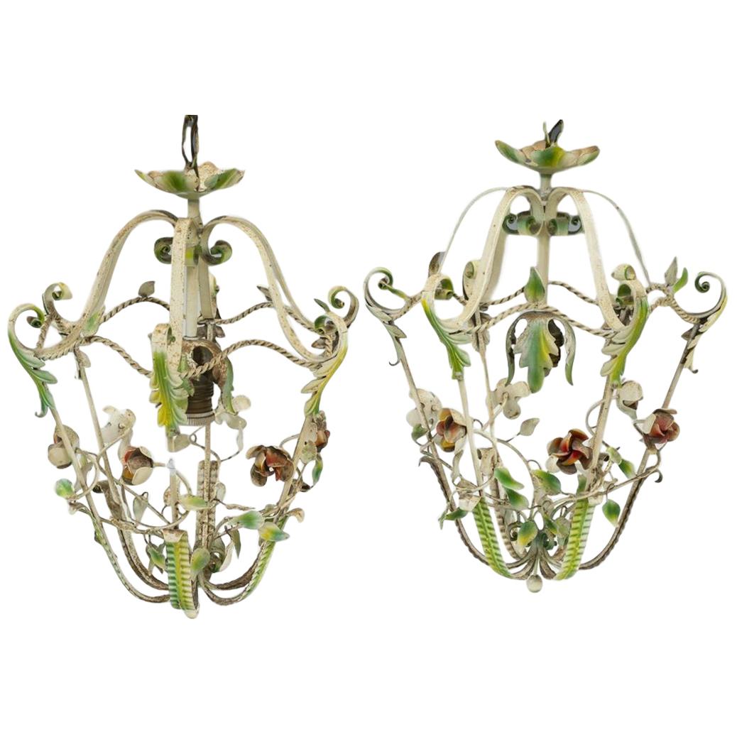 Pair of Midcentury Painted Iron Florals Hanging Lantern Light Fixtures, Italian
