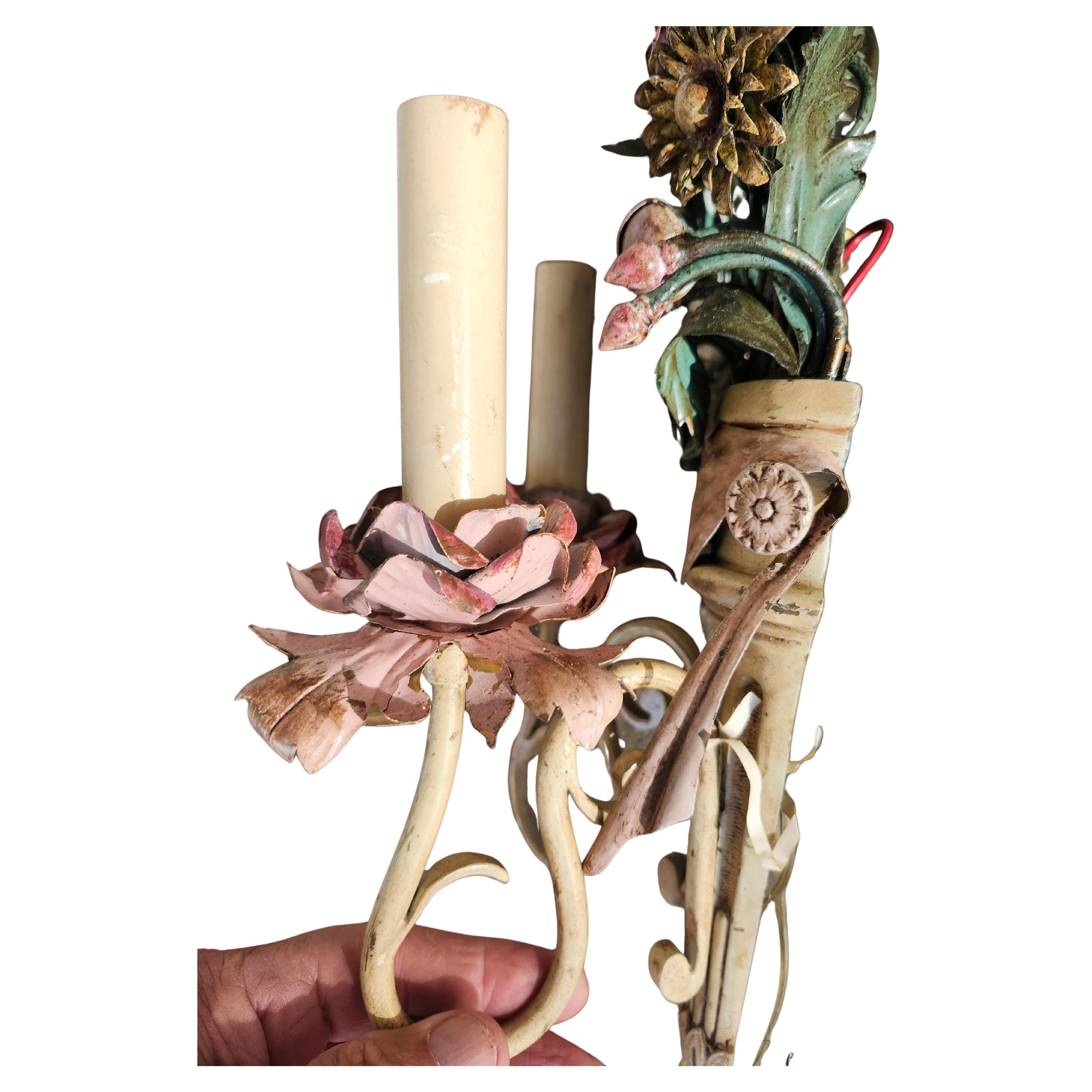 Hollywood Regency Pair of Mid-Century Painted Tole Ware Sconces C1955 Italy For Sale
