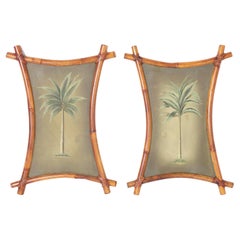 Pair of Midcentury Palm Tree Paintings in Bamboo Frames