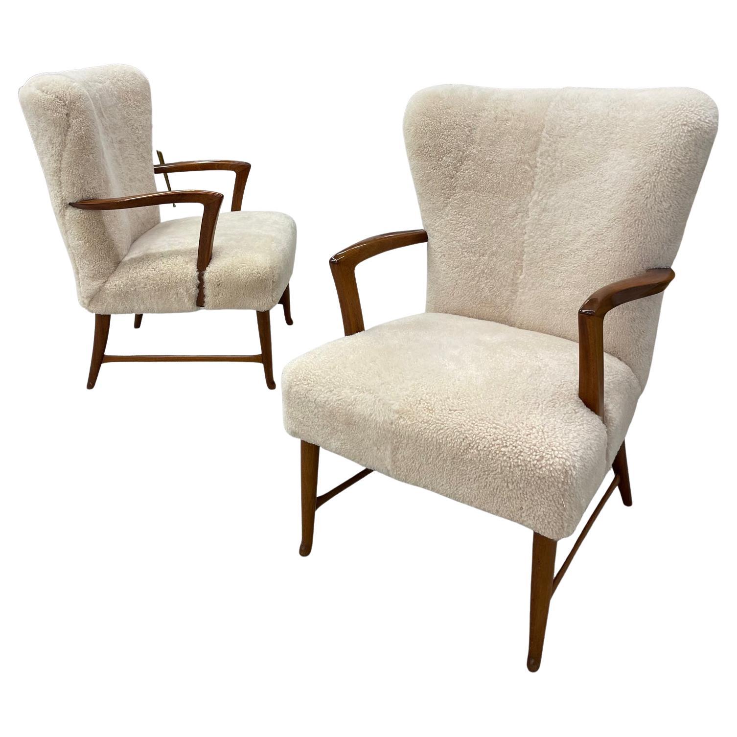 Pair of Mid-Century Paola Buffa Style Italian Lounge Chairs in Neutral Sheepskin