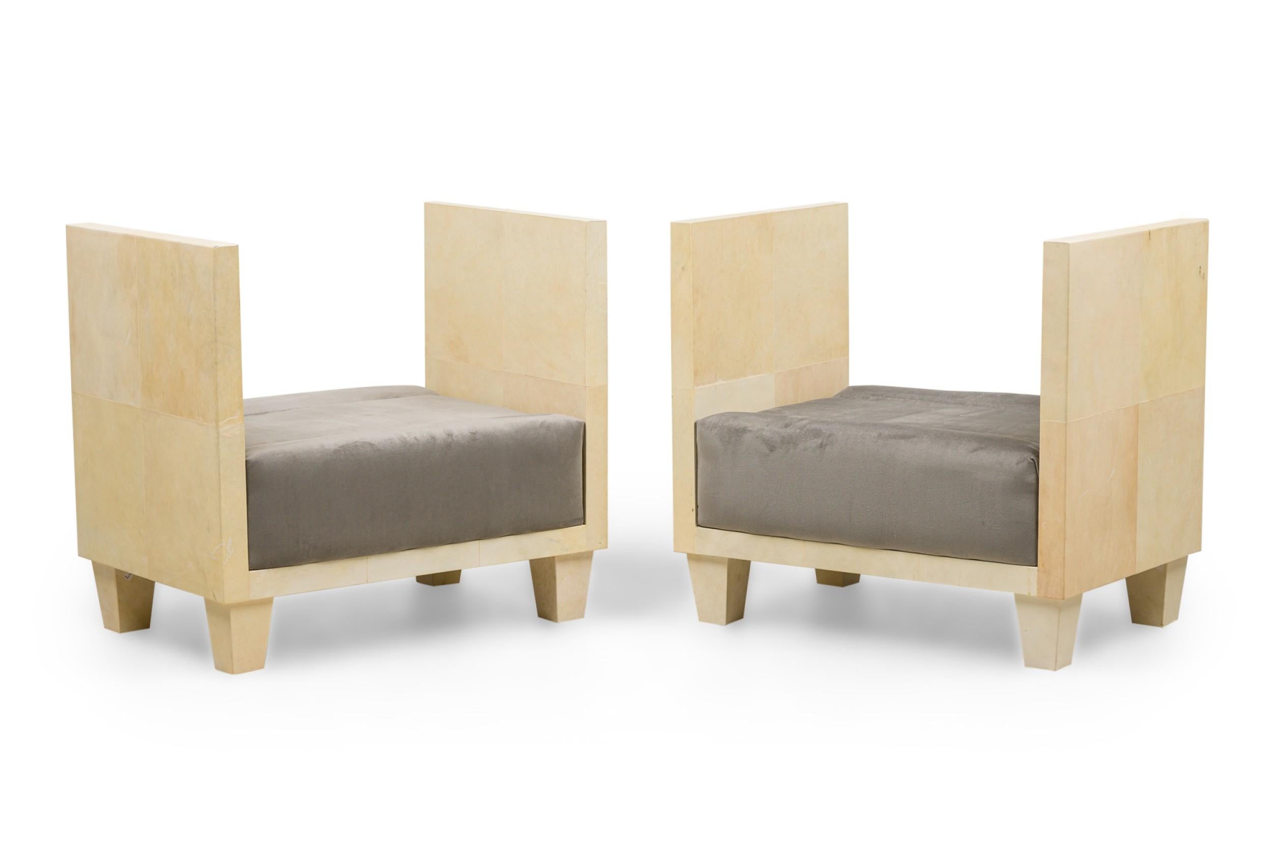 Goatskin Pair of Midcentury Parchment Covered Upholstered Benches Style of Samuel Marx For Sale
