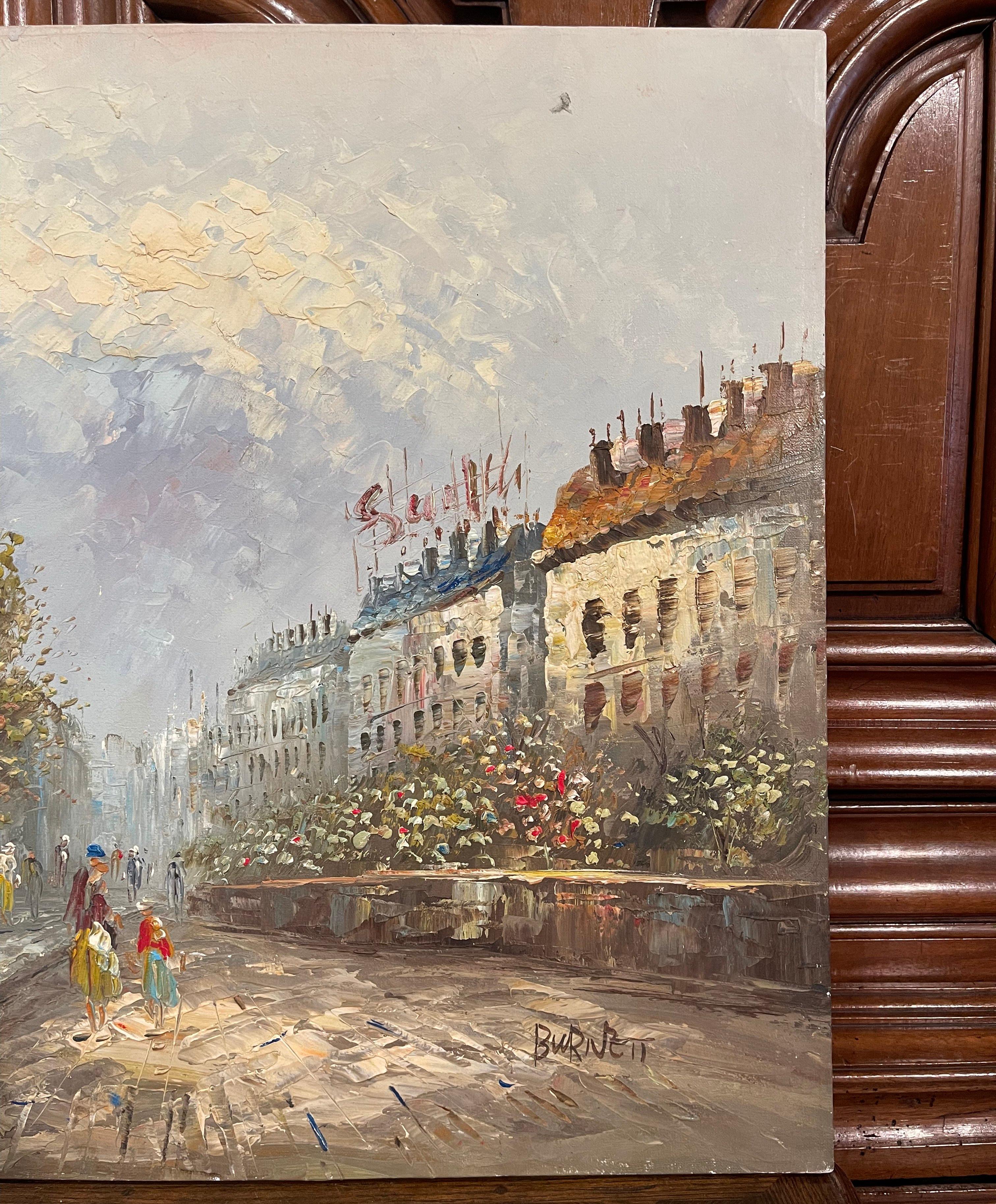 Toile Paire de scènes parisiennes du milieu du siècle - Peintures à l'huile sur toile signées C. Burnett en vente