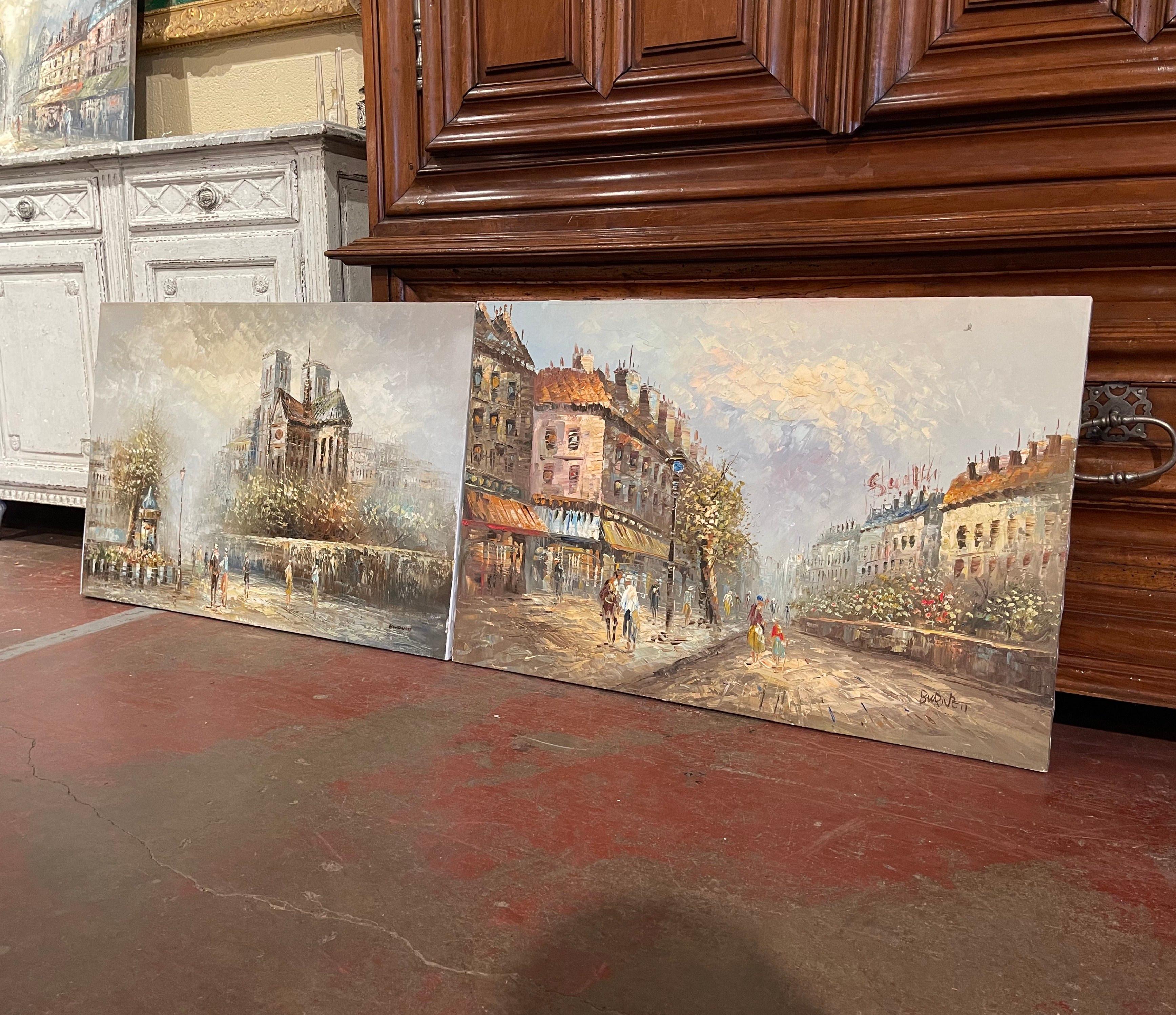 Paire de scènes parisiennes du milieu du siècle - Peintures à l'huile sur toile signées C. Burnett en vente 2