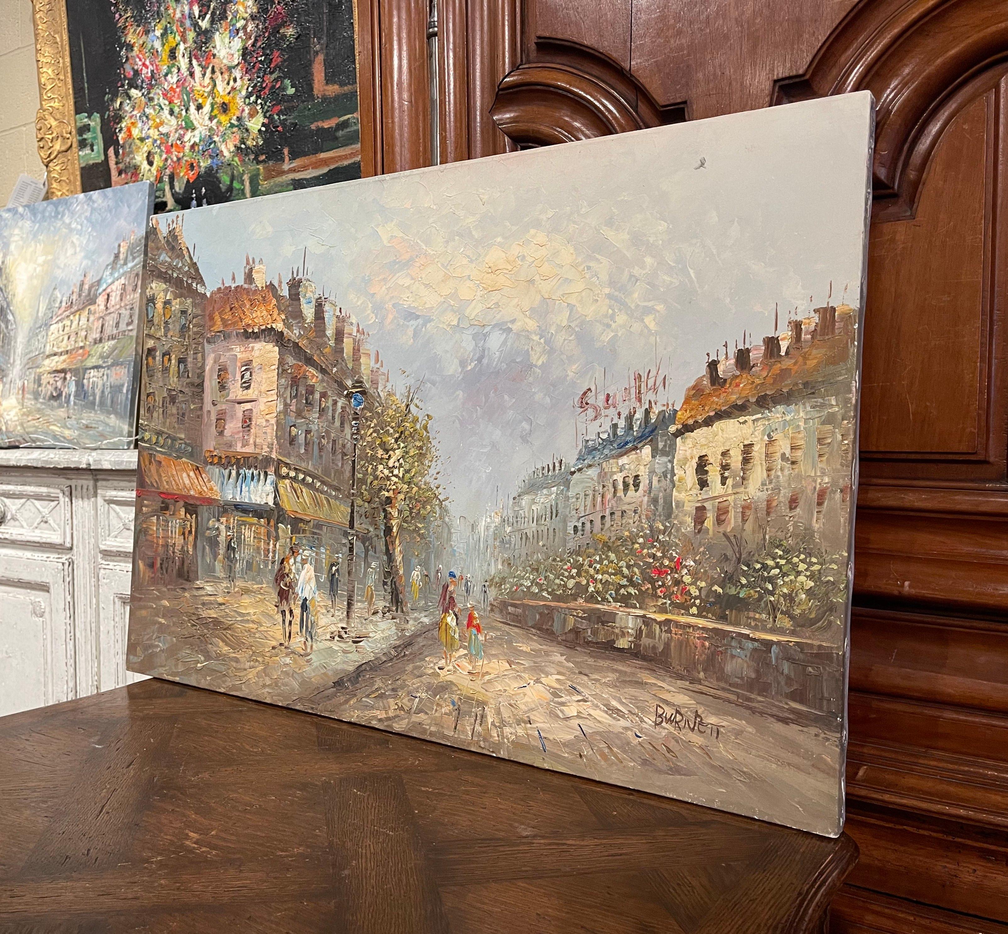 Paire de scènes parisiennes du milieu du siècle - Peintures à l'huile sur toile signées C. Burnett en vente 6