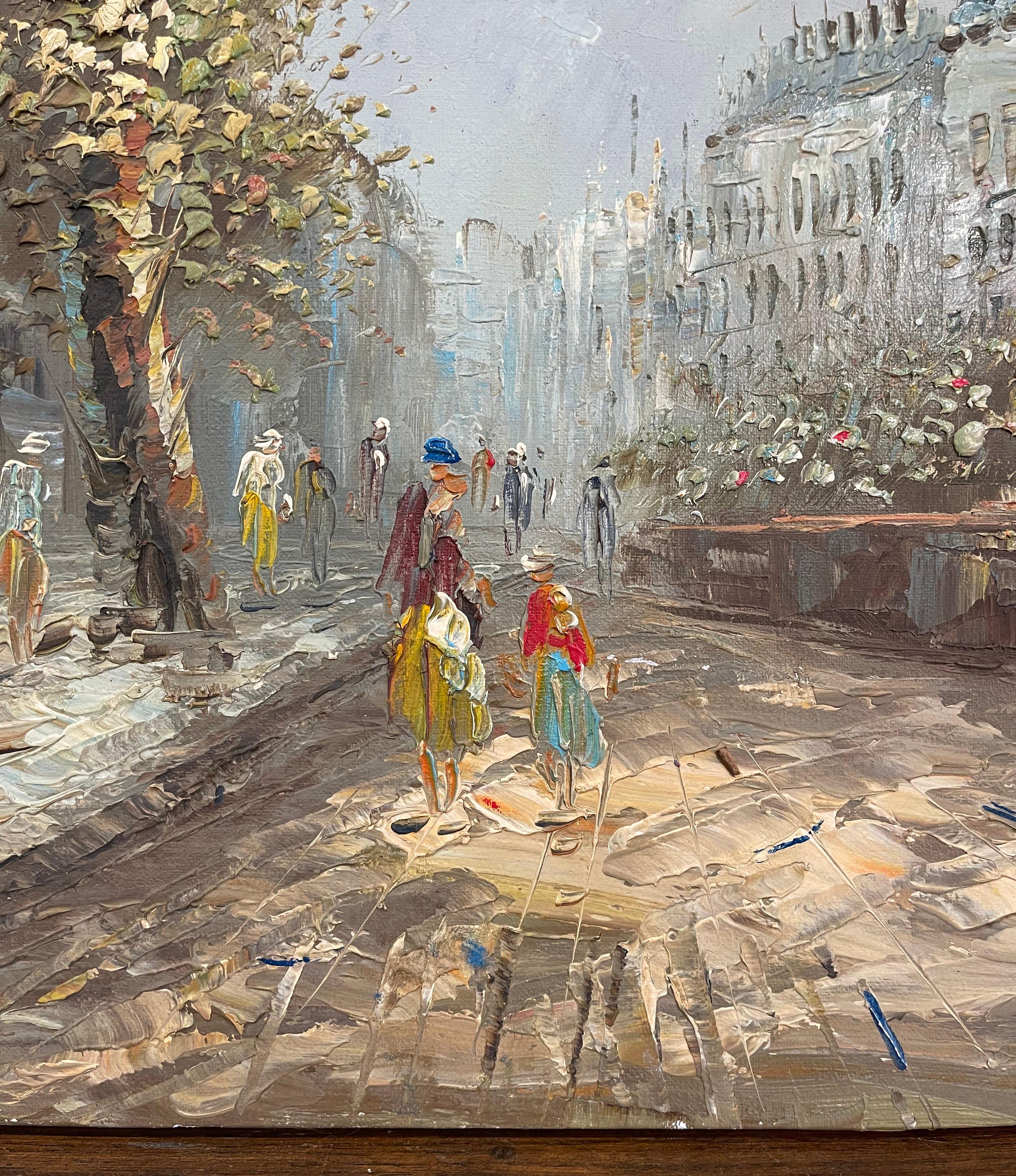 Paire de scènes parisiennes du milieu du siècle - Peintures à l'huile sur toile signées C. Burnett en vente 8