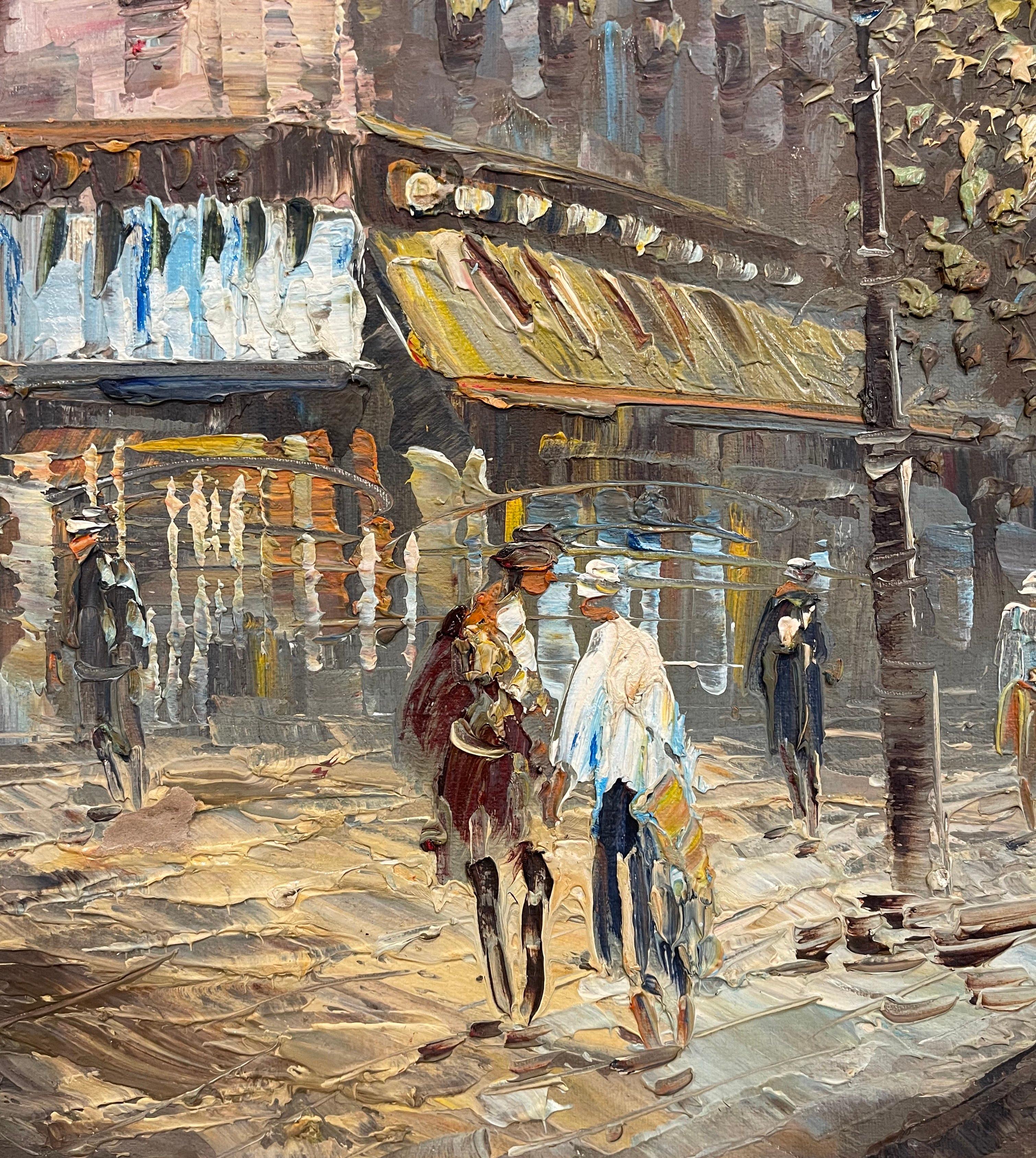 Paire de scènes parisiennes du milieu du siècle - Peintures à l'huile sur toile signées C. Burnett en vente 9