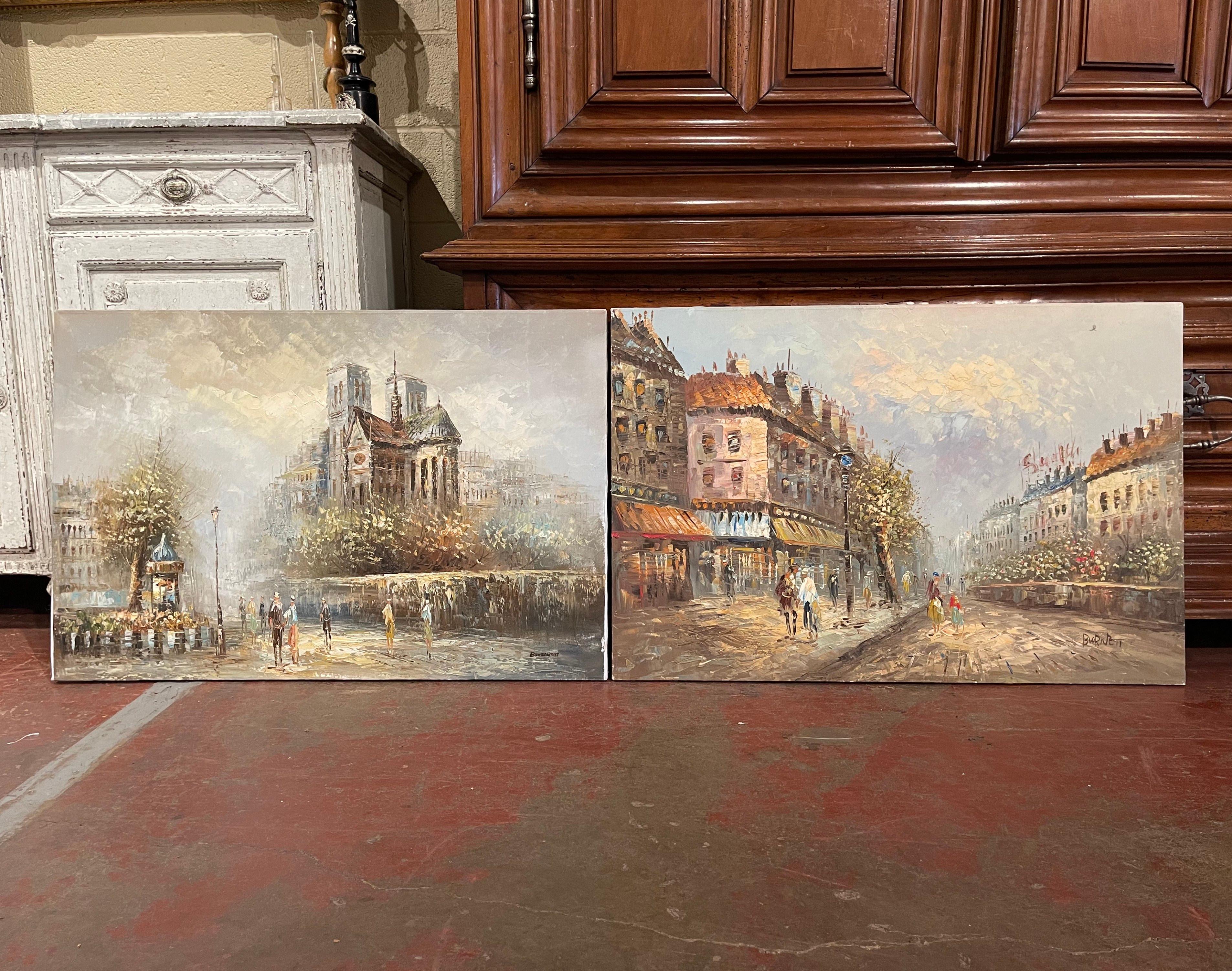 Decorate a study wall or office with this elegant pair of colorful antique paintings! Hand painted on stretched canvas in France circa 1940, each large artwork depicts a popular Parisian landmark in the impressionist style, 