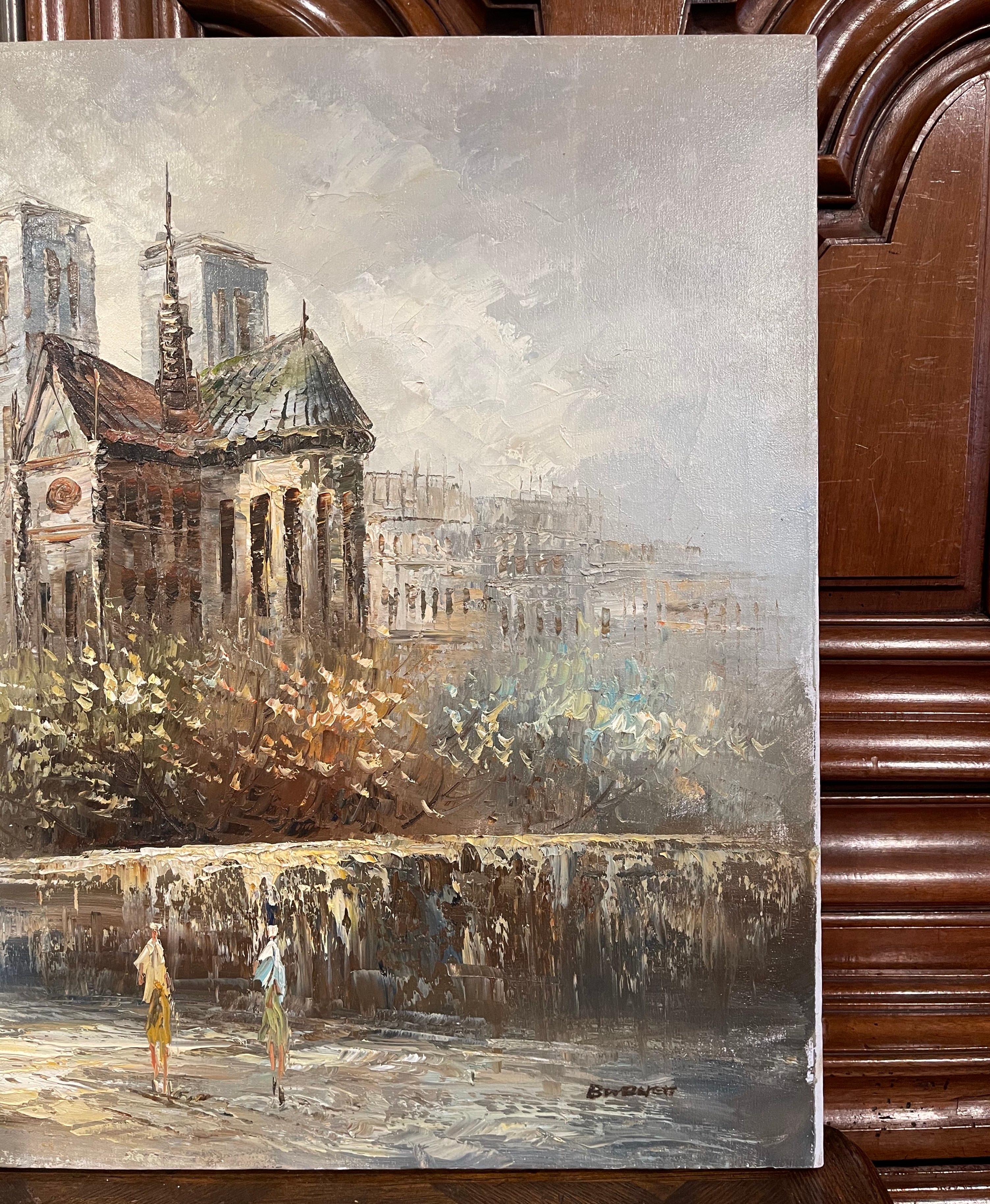 Français Paire de scènes parisiennes du milieu du siècle - Peintures à l'huile sur toile signées C. Burnett en vente