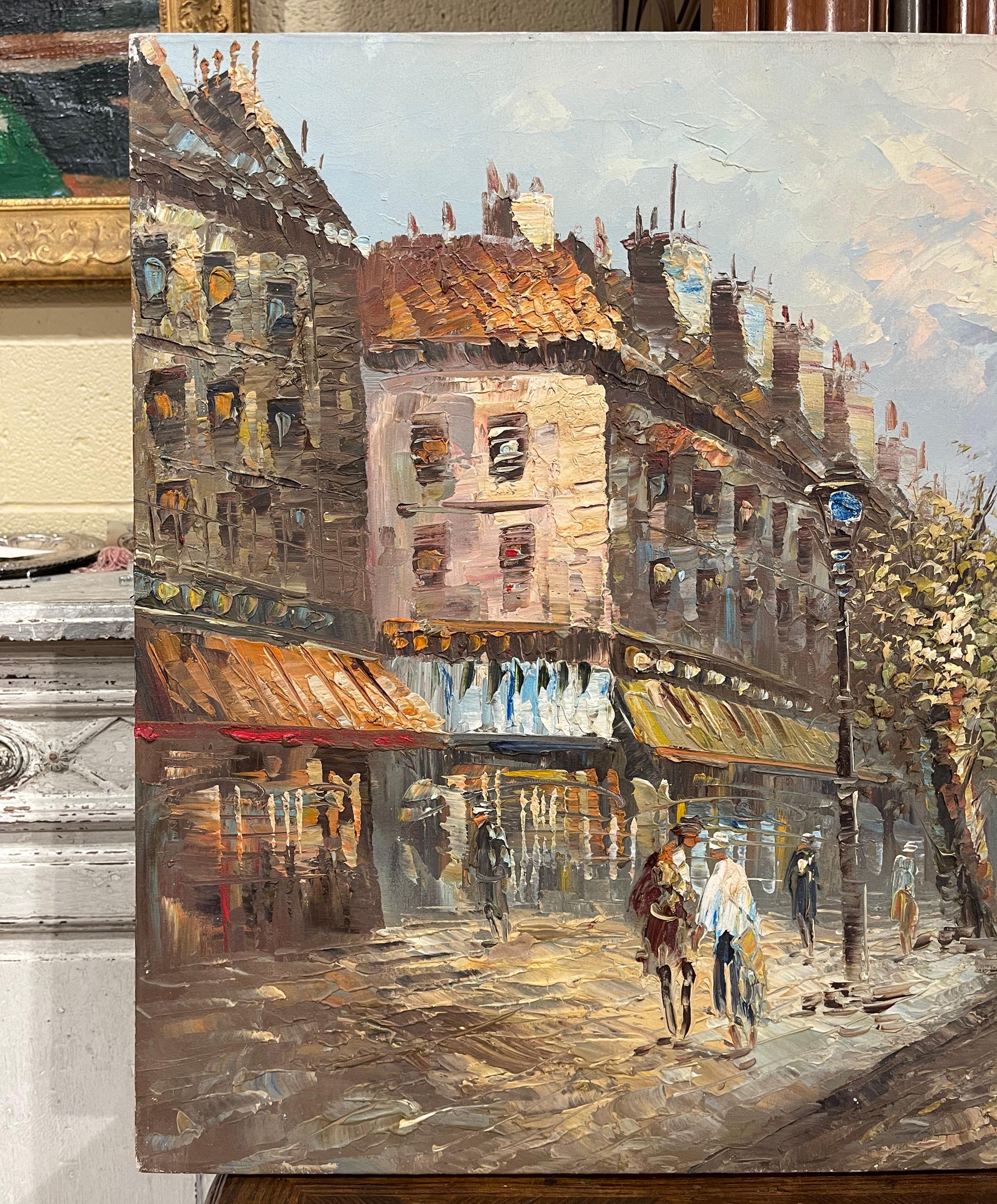 20ième siècle Paire de scènes parisiennes du milieu du siècle - Peintures à l'huile sur toile signées C. Burnett en vente