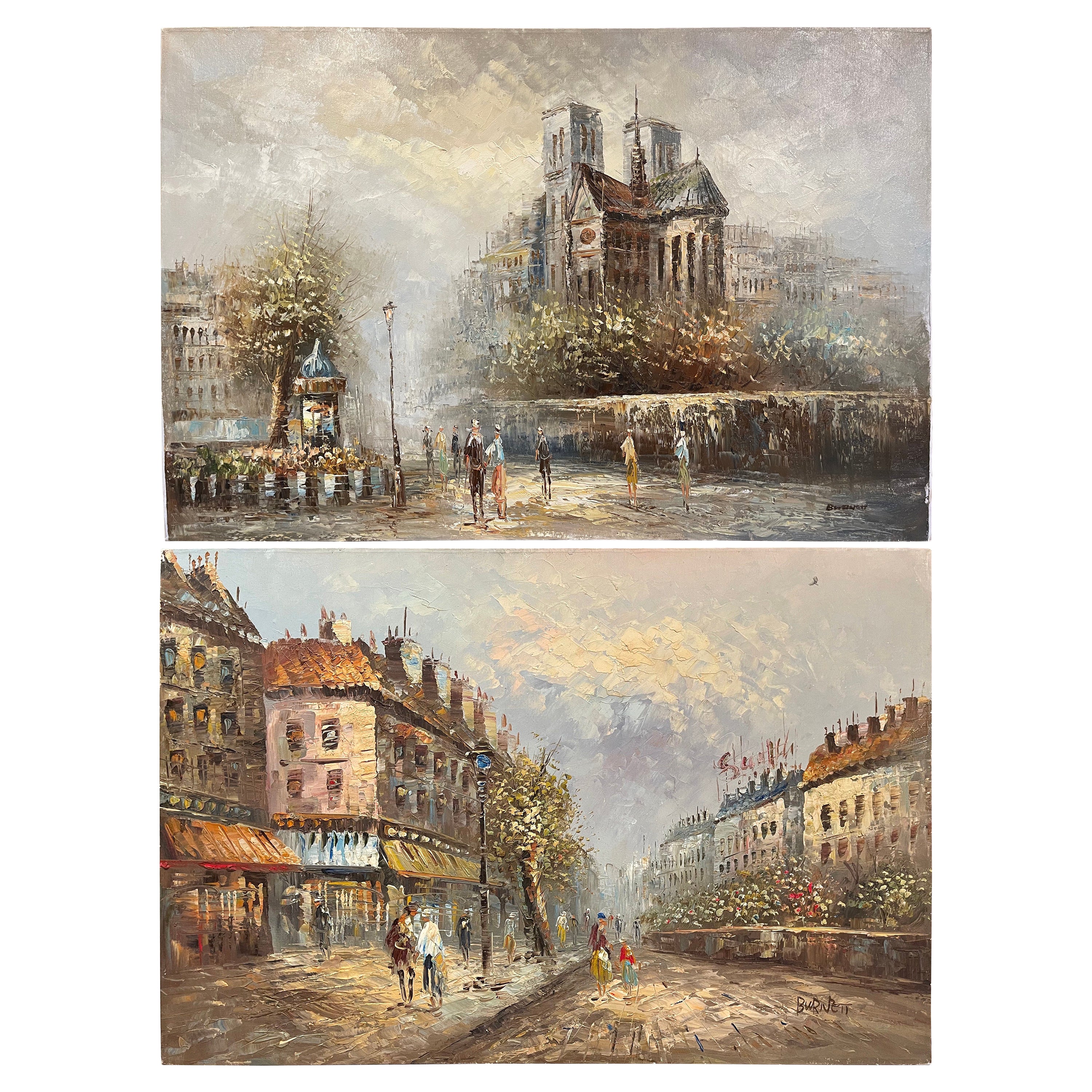 Paire de scènes parisiennes du milieu du siècle - Peintures à l'huile sur toile signées C. Burnett en vente
