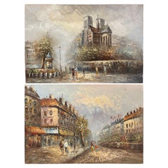 Paire de scènes parisiennes du milieu du siècle - Peintures à l'huile sur toile signées C. Burnett