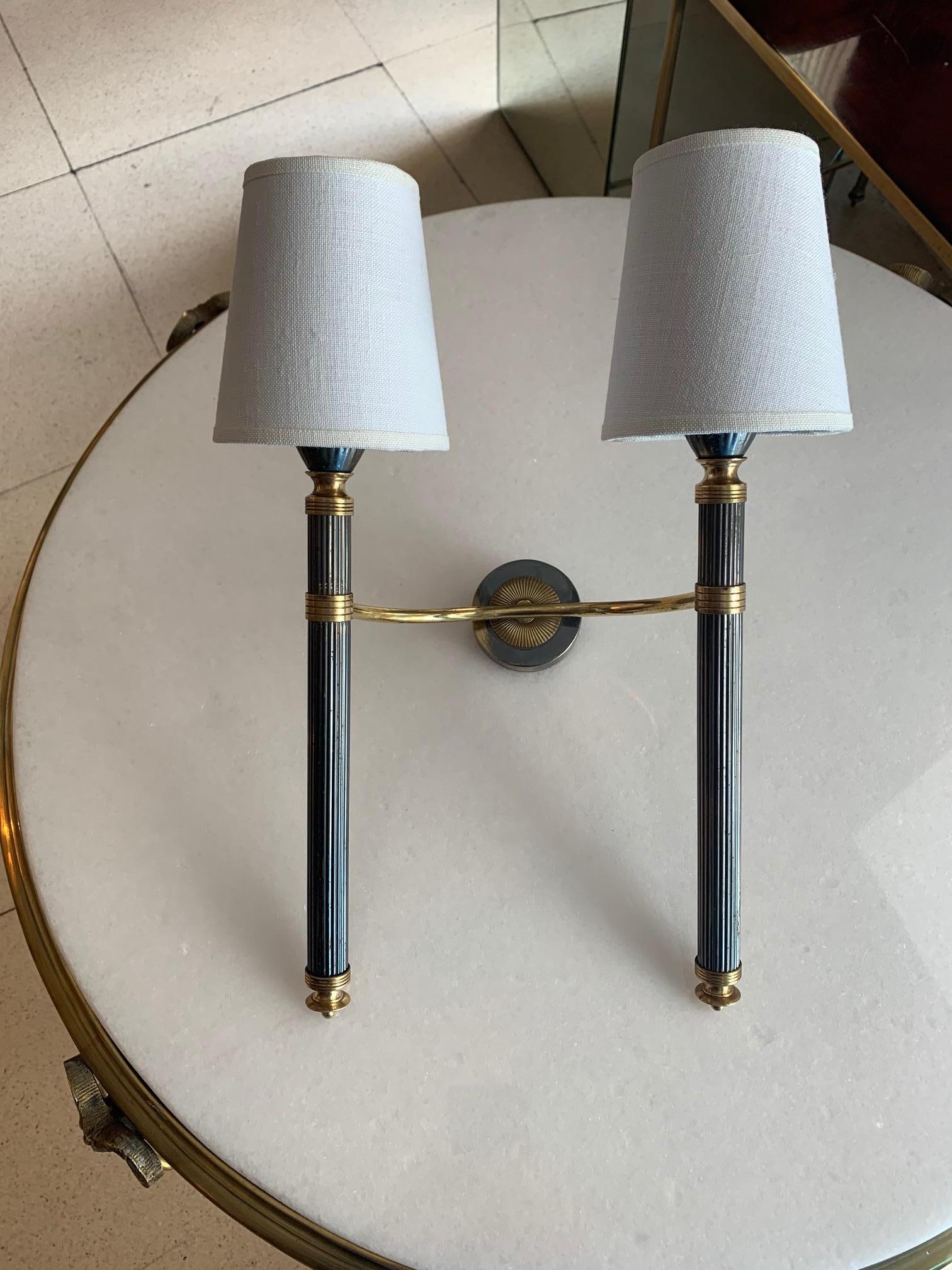 Pair of Midcentury Patinated Brass Doble Wall Sconces by Lunel 1