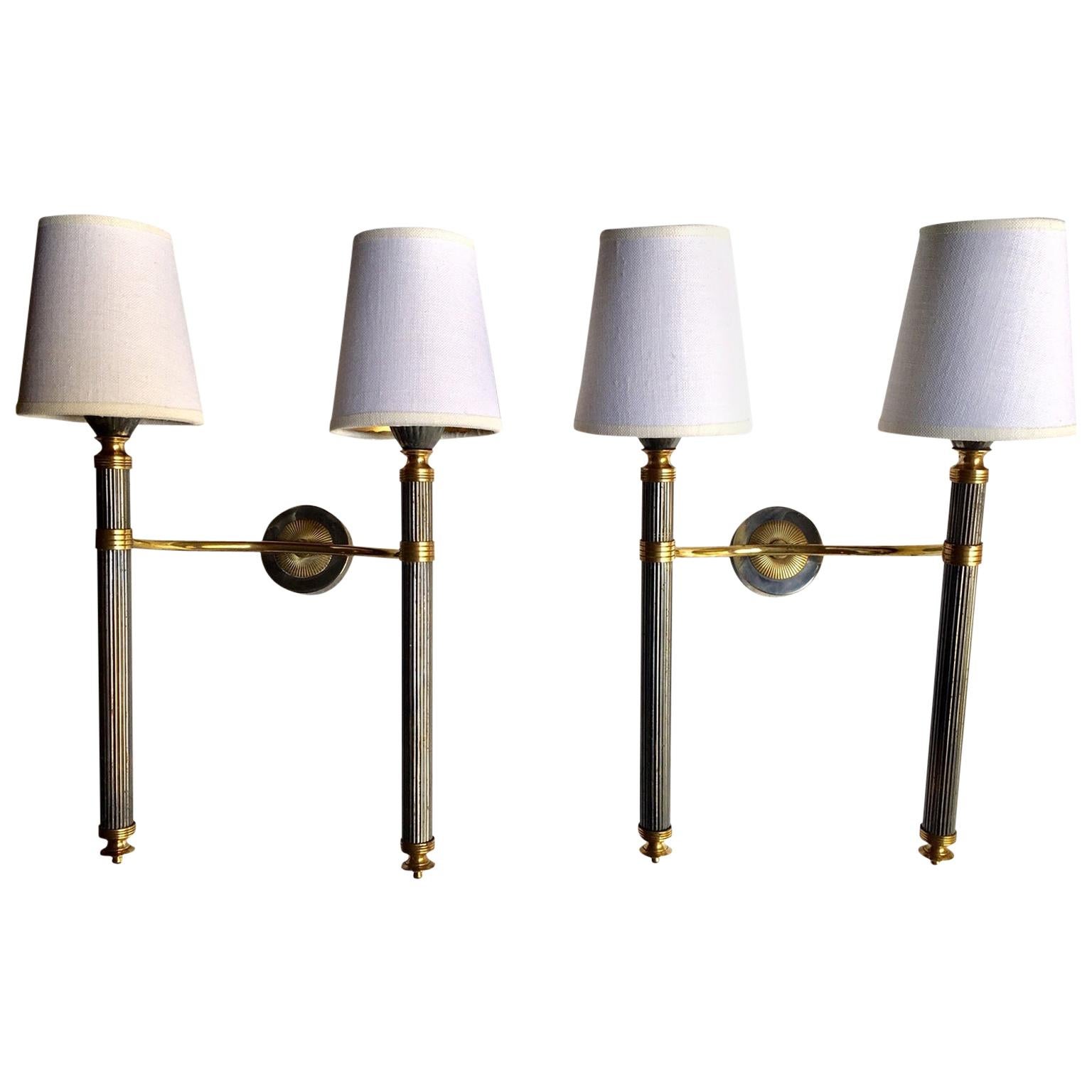 Pair of Midcentury Patinated Brass Doble Wall Sconces by Lunel