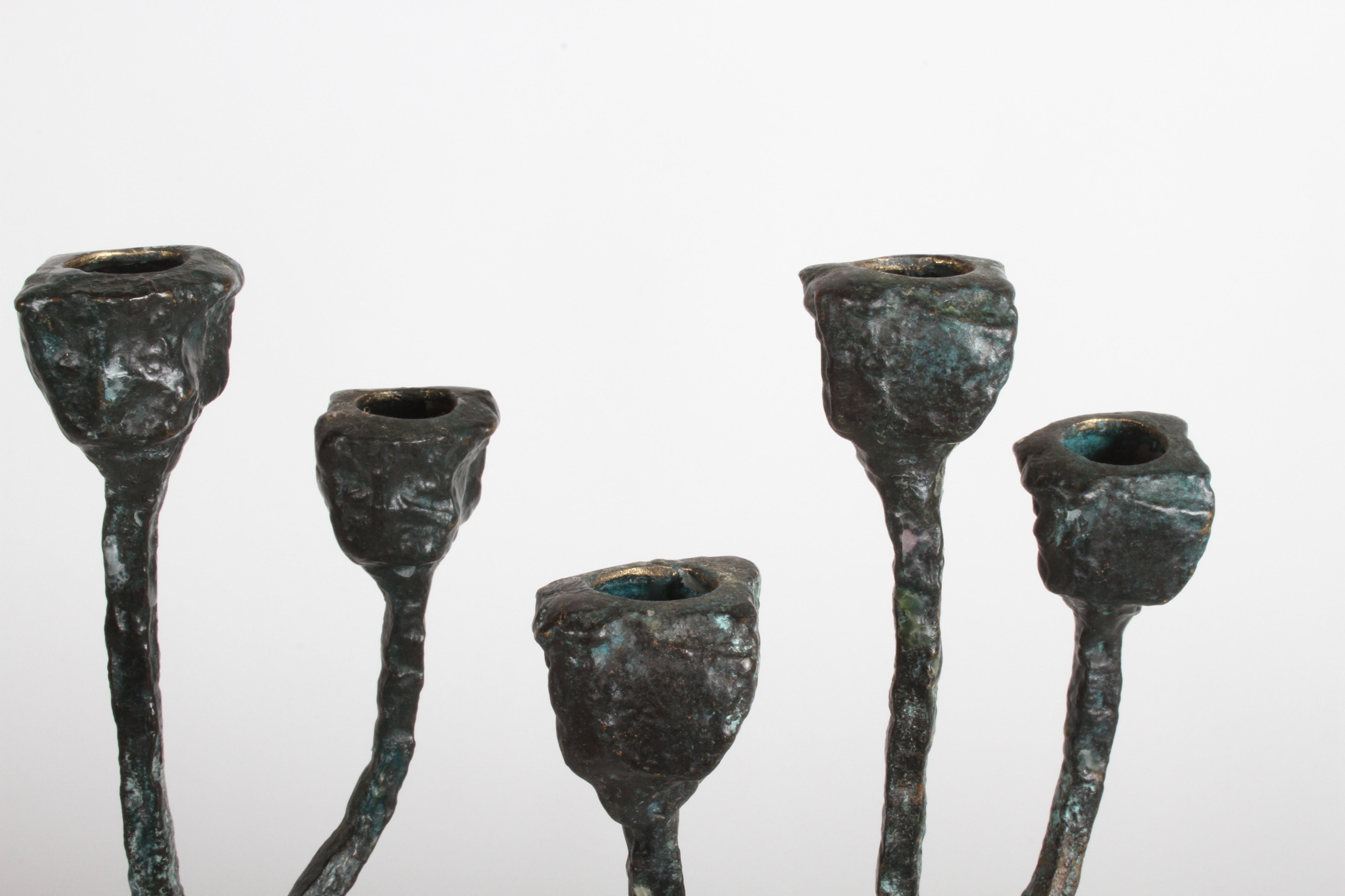 Pair of Midcentury Patinated Bronze Brutalist Candleholders 6