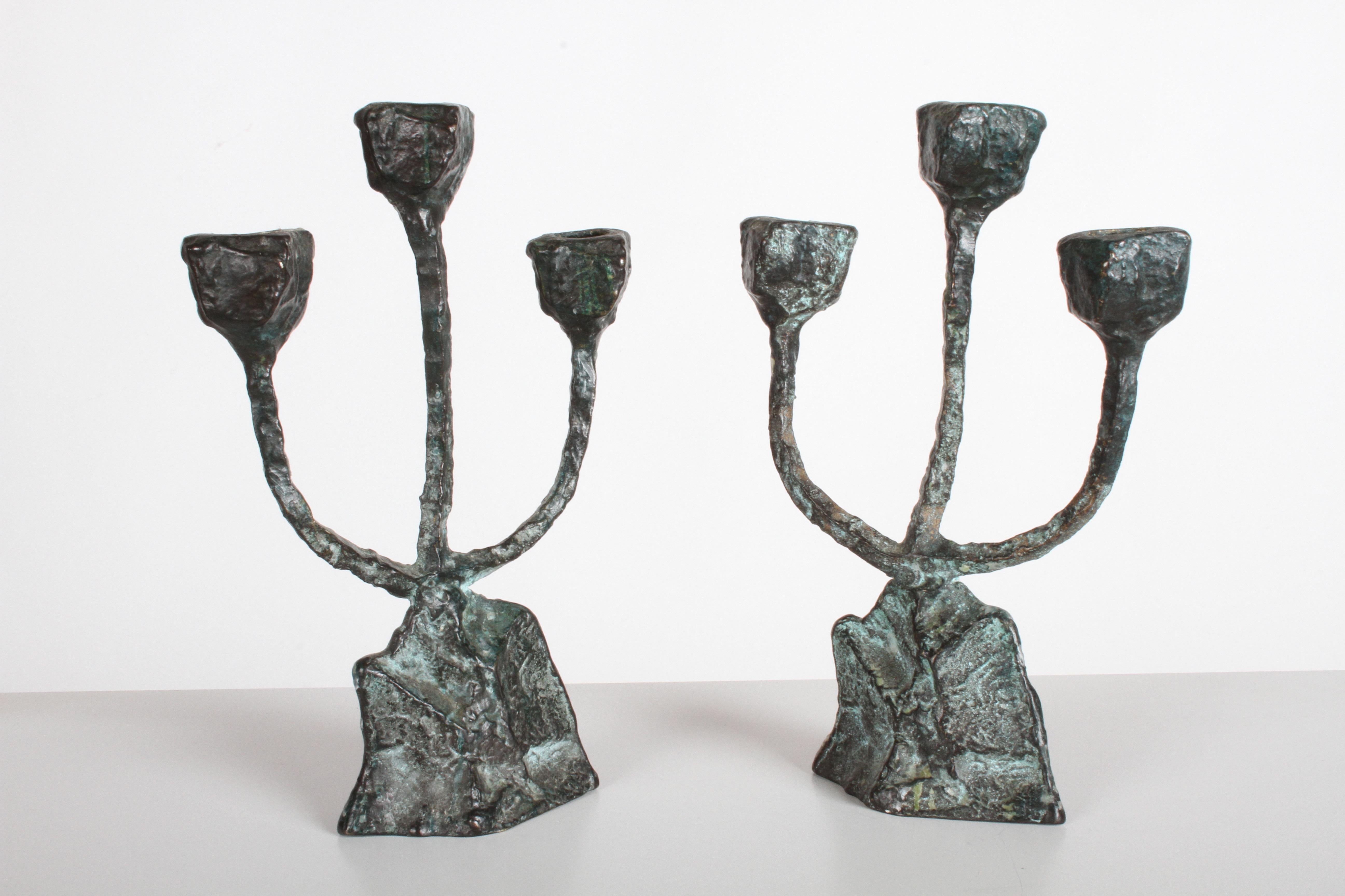Pair of Midcentury Patinated Bronze Brutalist Candleholders 8