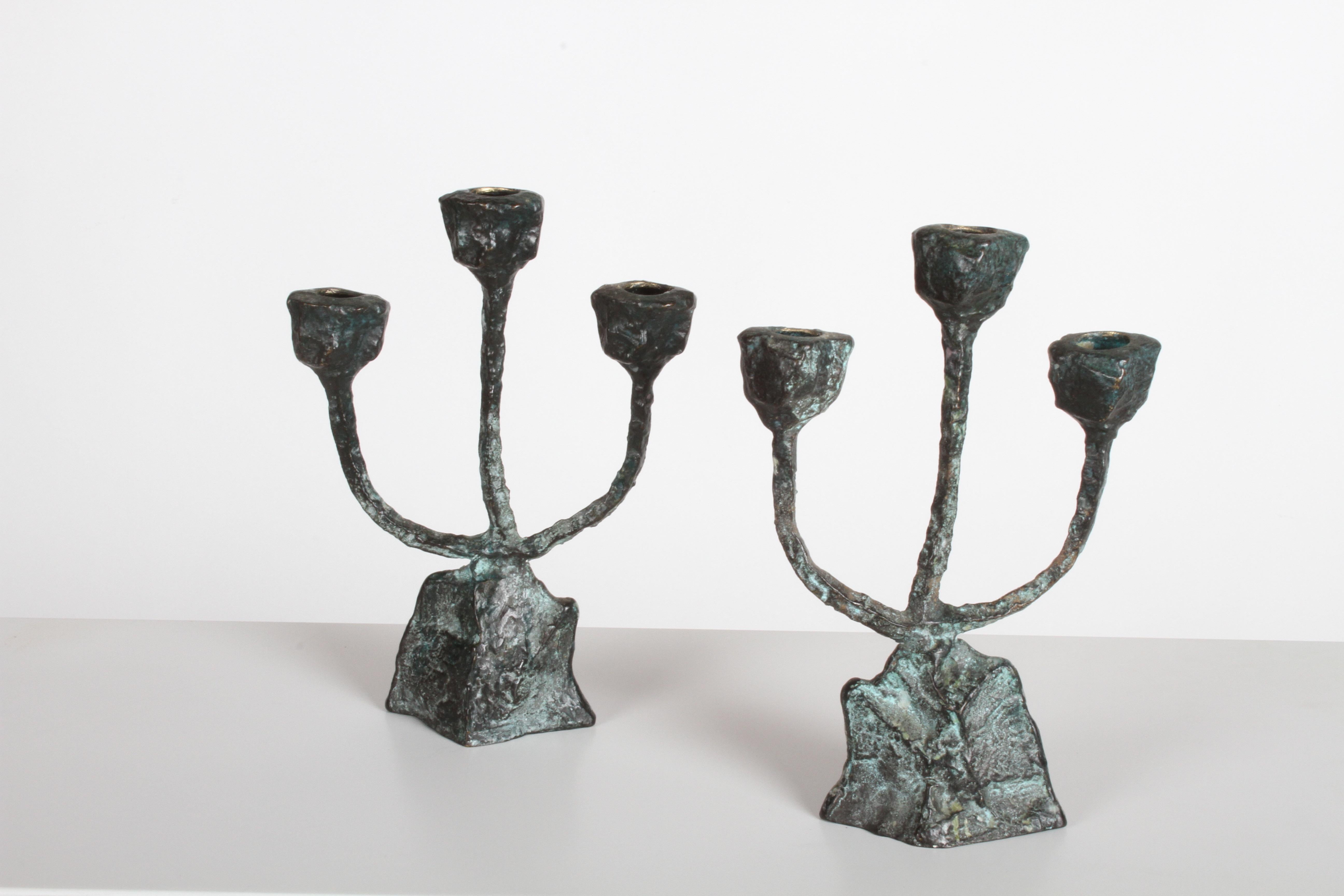 American Pair of Midcentury Patinated Bronze Brutalist Candleholders