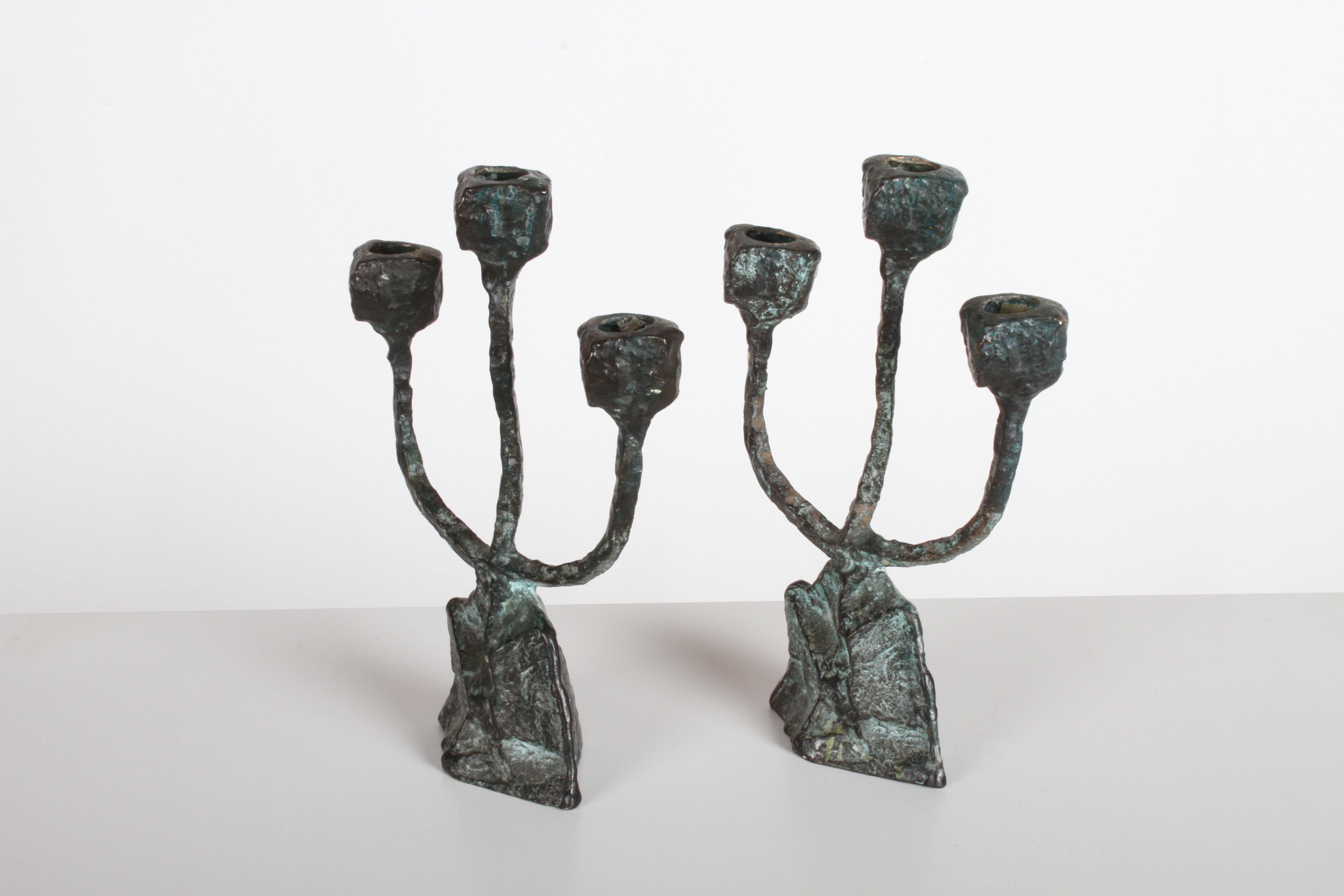 Pair of Midcentury Patinated Bronze Brutalist Candleholders In Good Condition In St. Louis, MO