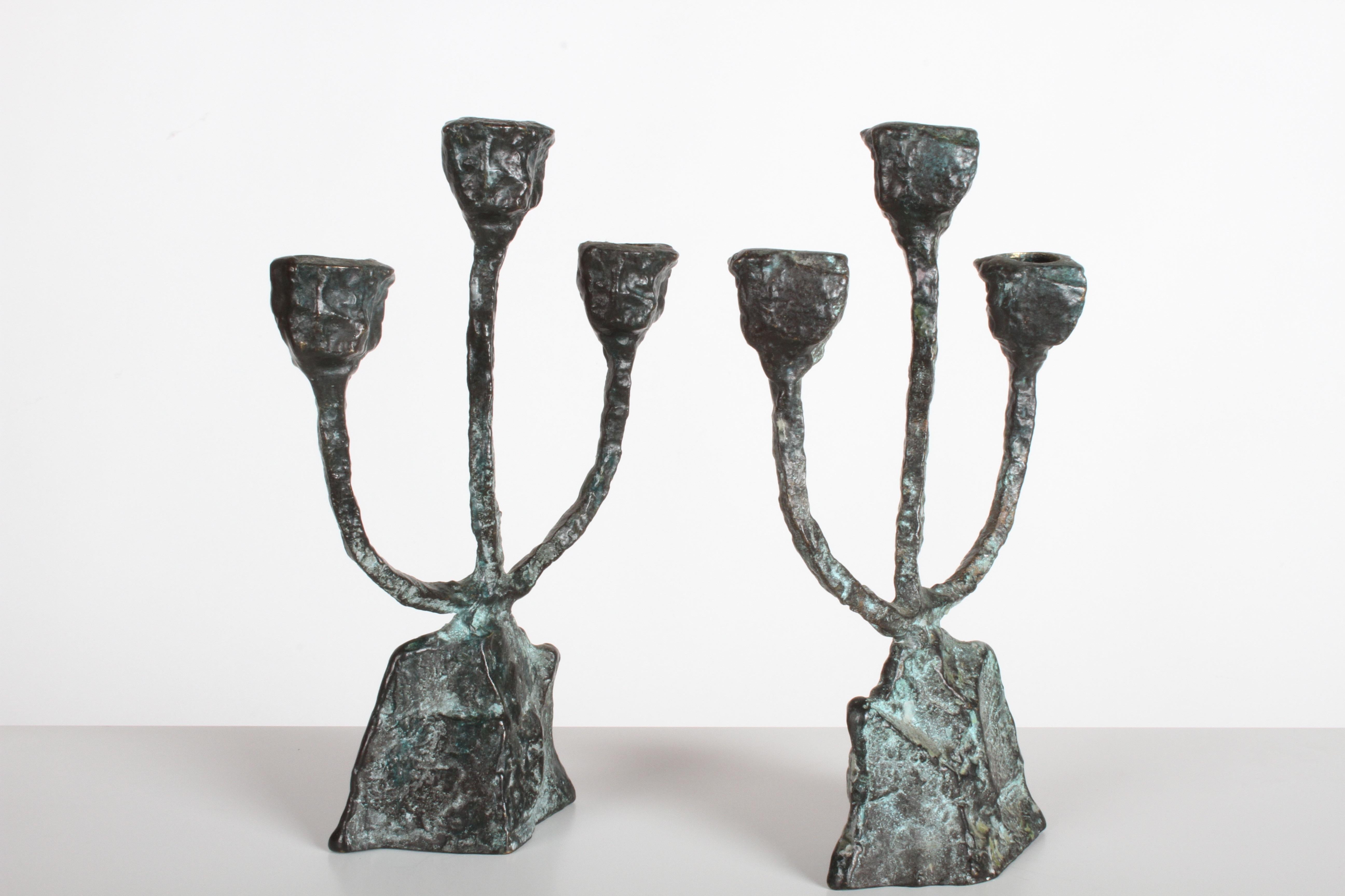 Mid-20th Century Pair of Midcentury Patinated Bronze Brutalist Candleholders