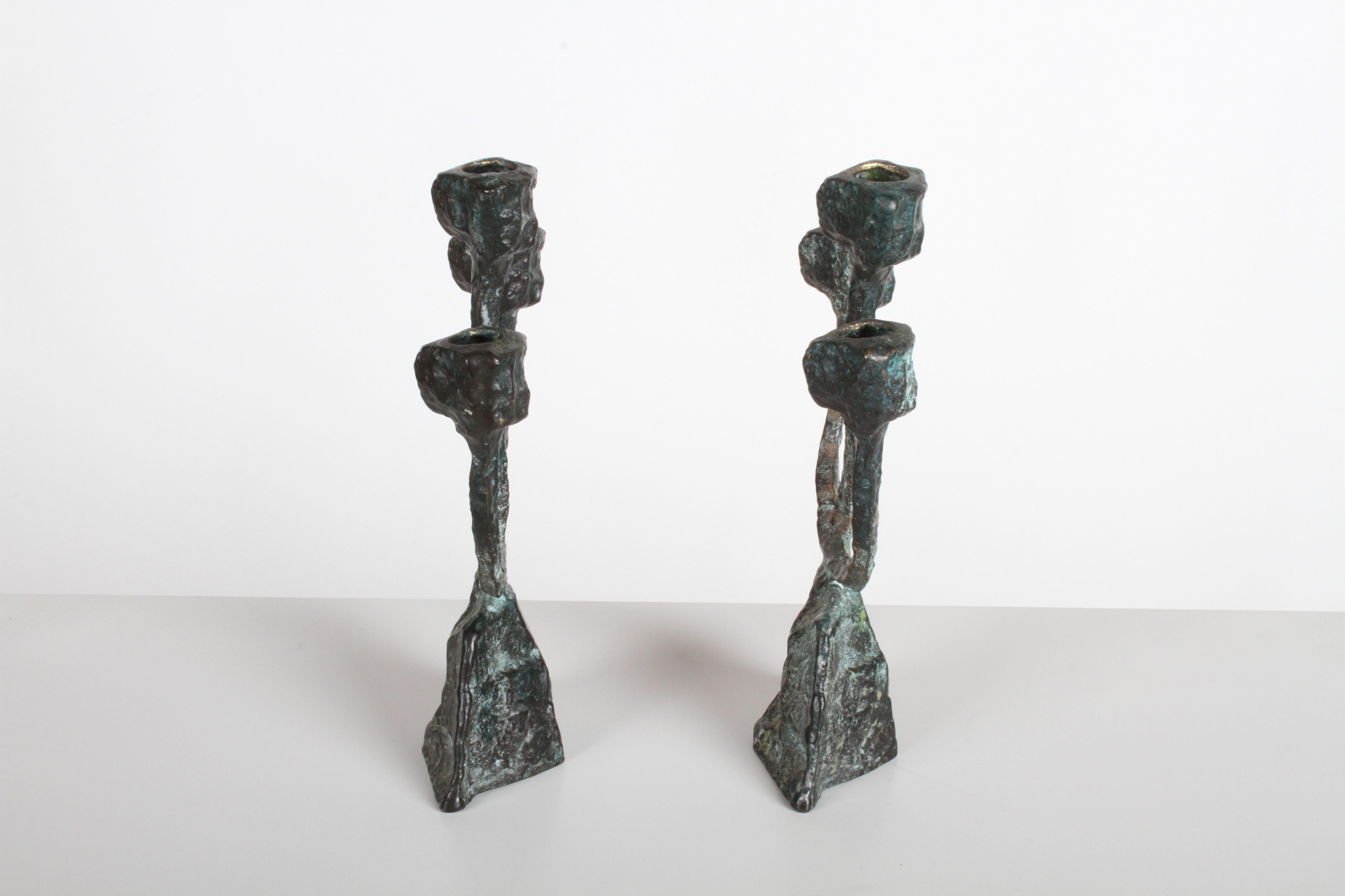 Pair of Midcentury Patinated Bronze Brutalist Candleholders 1