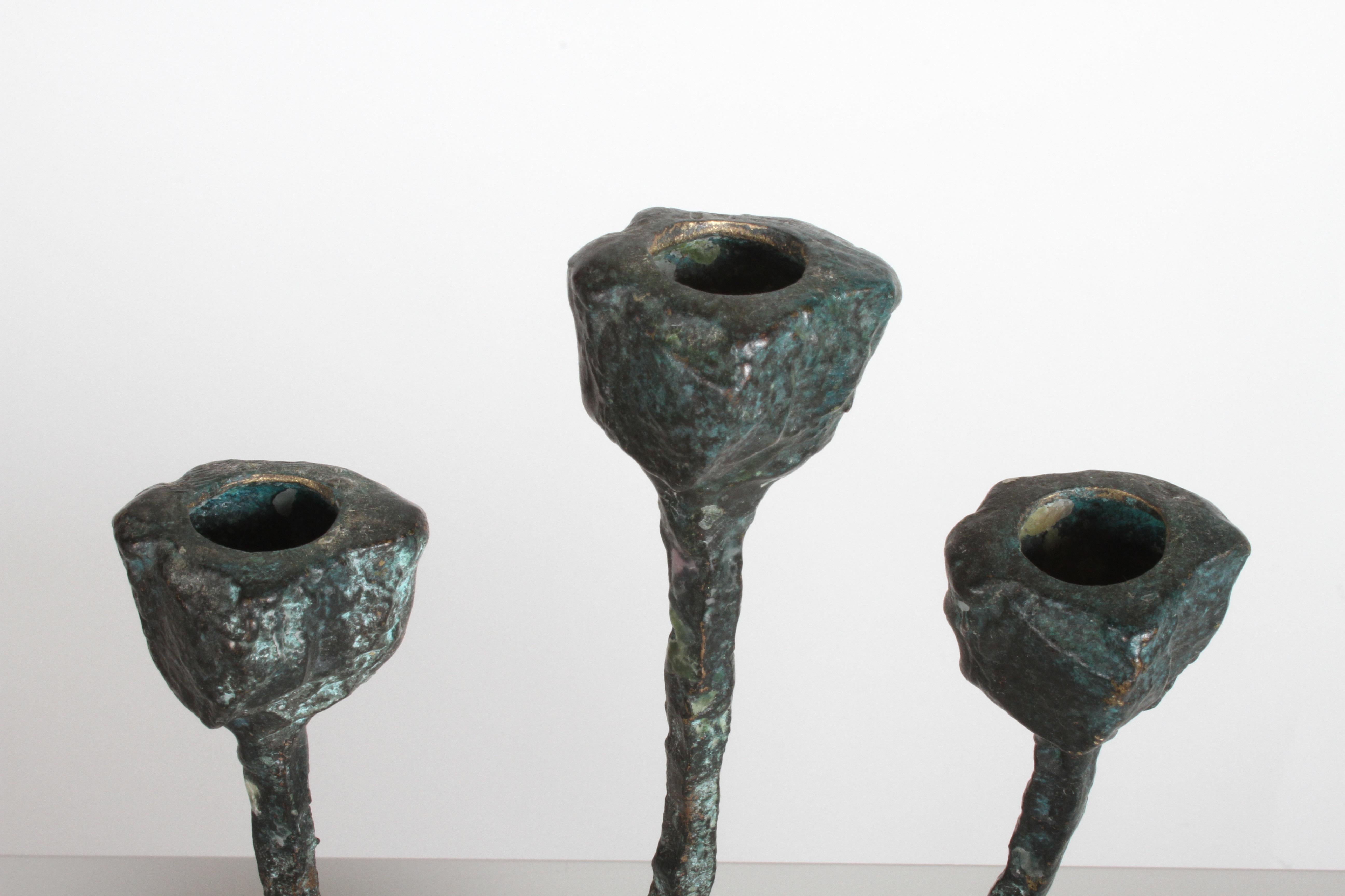Pair of Midcentury Patinated Bronze Brutalist Candleholders 2
