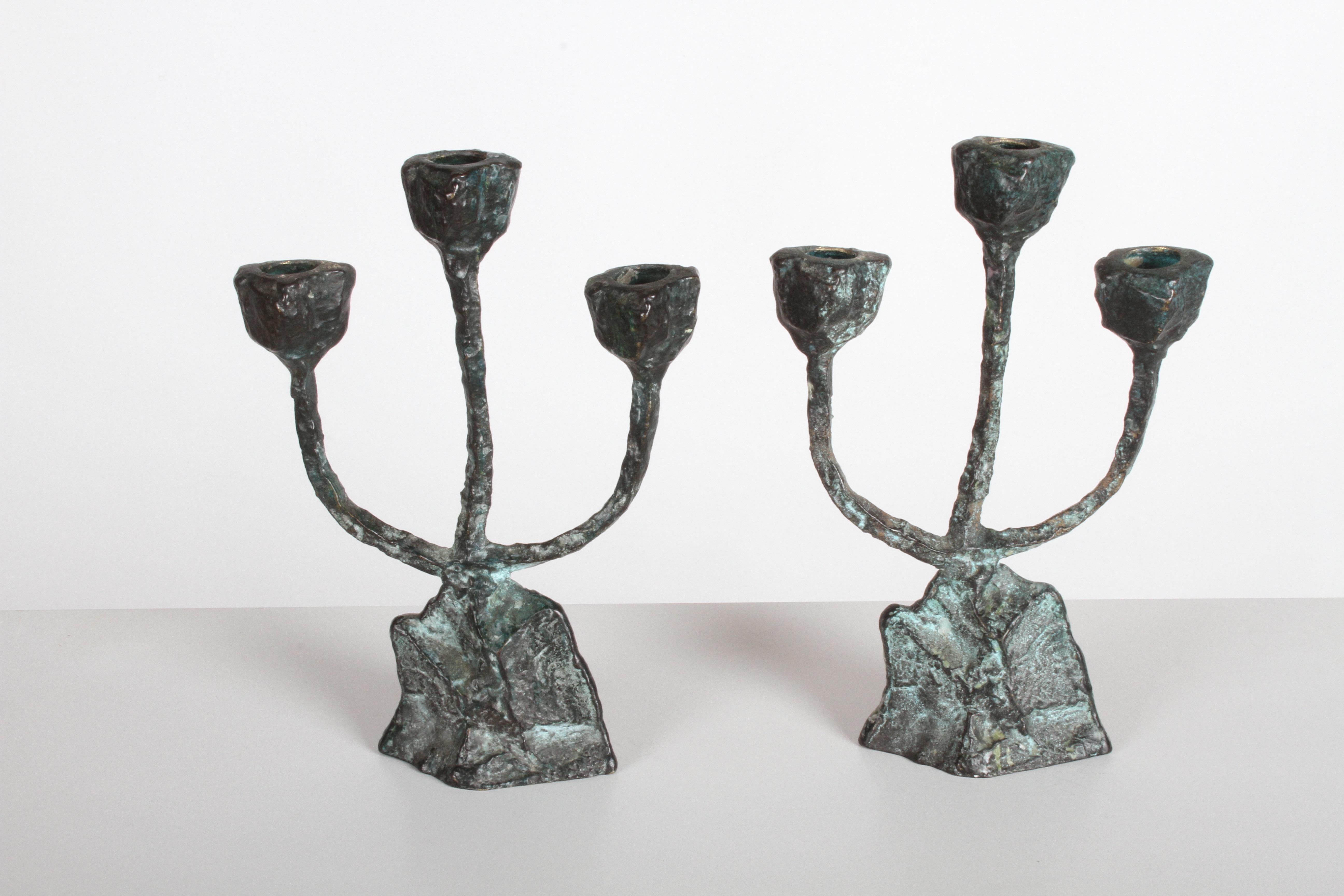 Pair of Midcentury Patinated Bronze Brutalist Candleholders 3