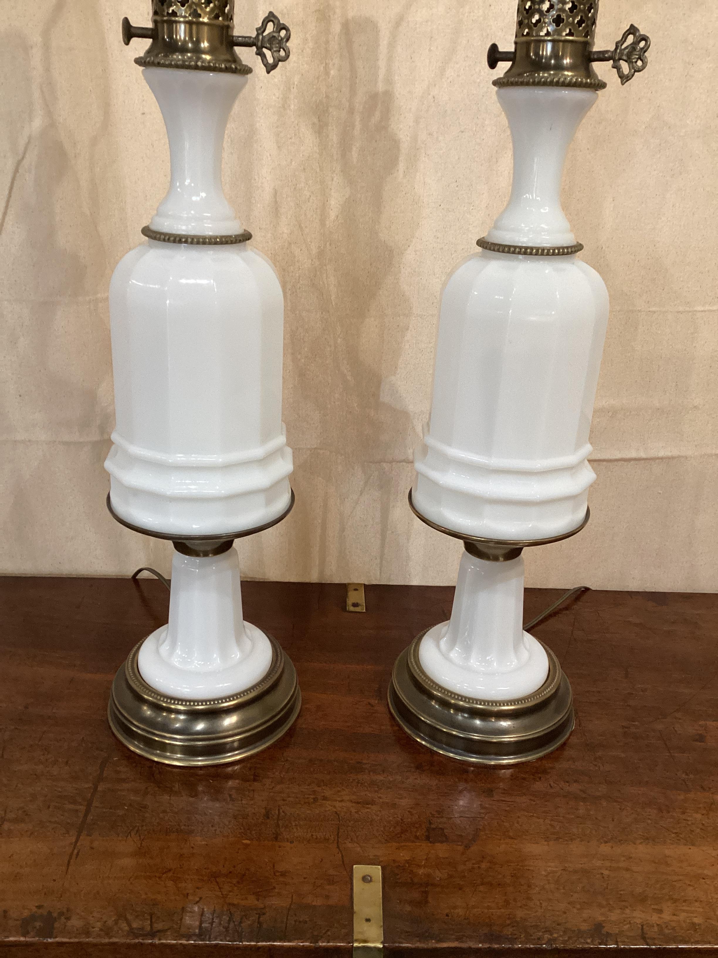 American Pair of Mid Century Paul Hanson White Opaline Lamps  For Sale