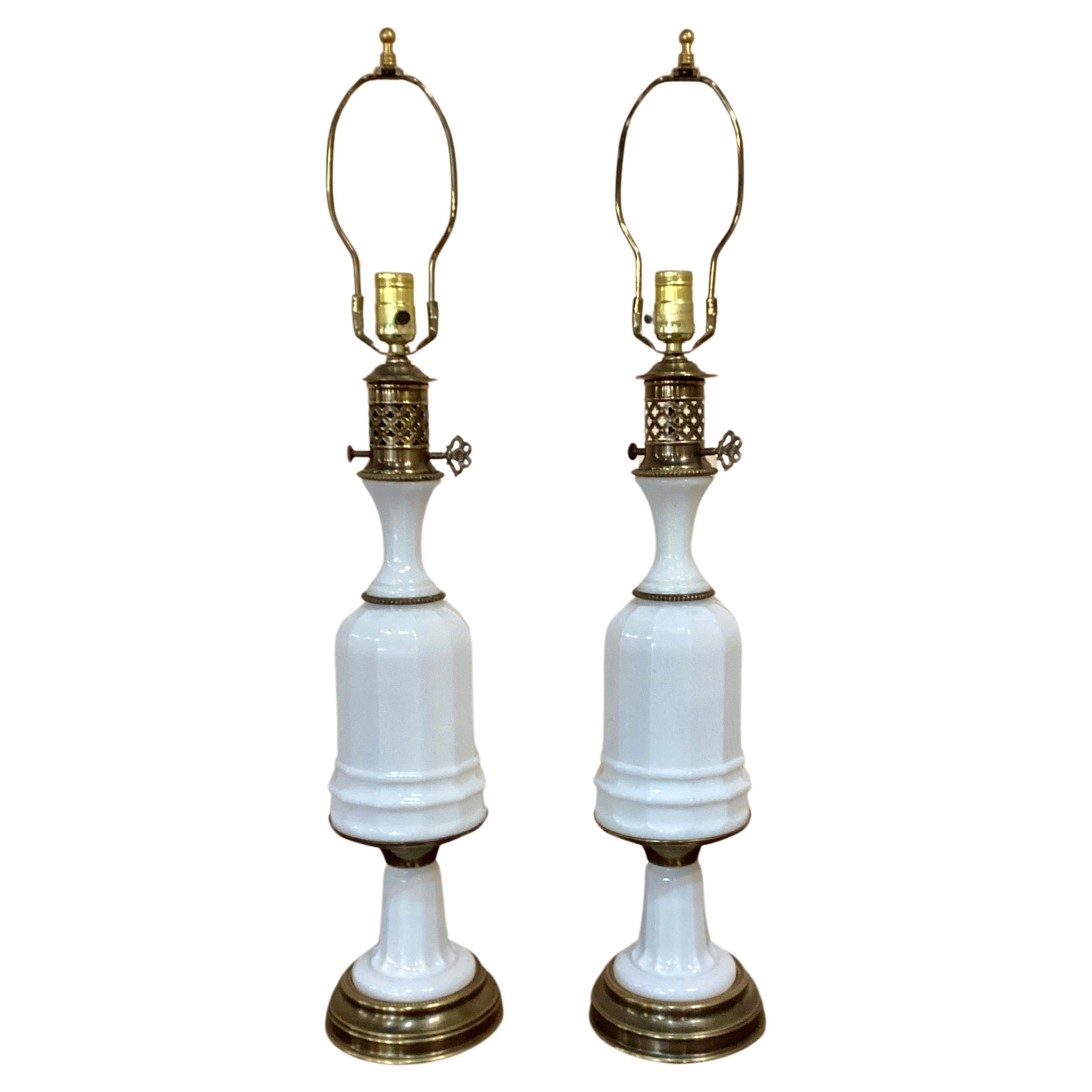 Pair of Mid Century Paul Hanson White Opaline Lamps  For Sale