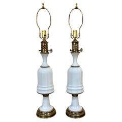 Retro Pair of Mid Century Paul Hanson White Opaline Lamps 
